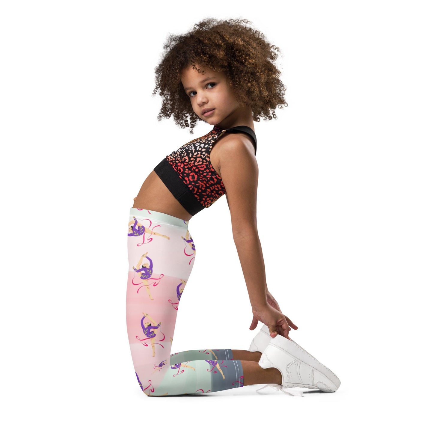 Legging pour petite fille – Dégragé Rose Kaki – Doux, extensible, toutes saisons – Motif Gymnaste Danseuse