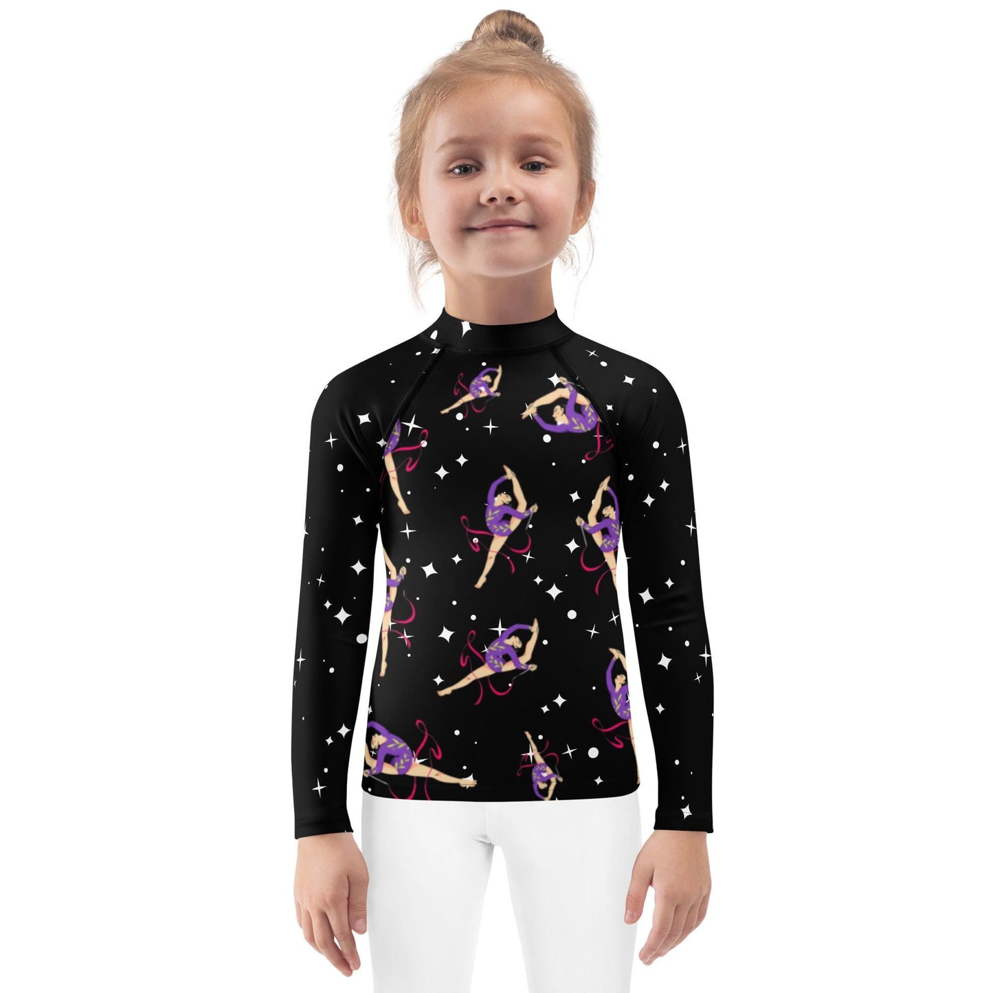 Rash guard pour petite fille – Noir Etoilé – Compression légère, séchage rapide – Motif Gymnaste Danseuse