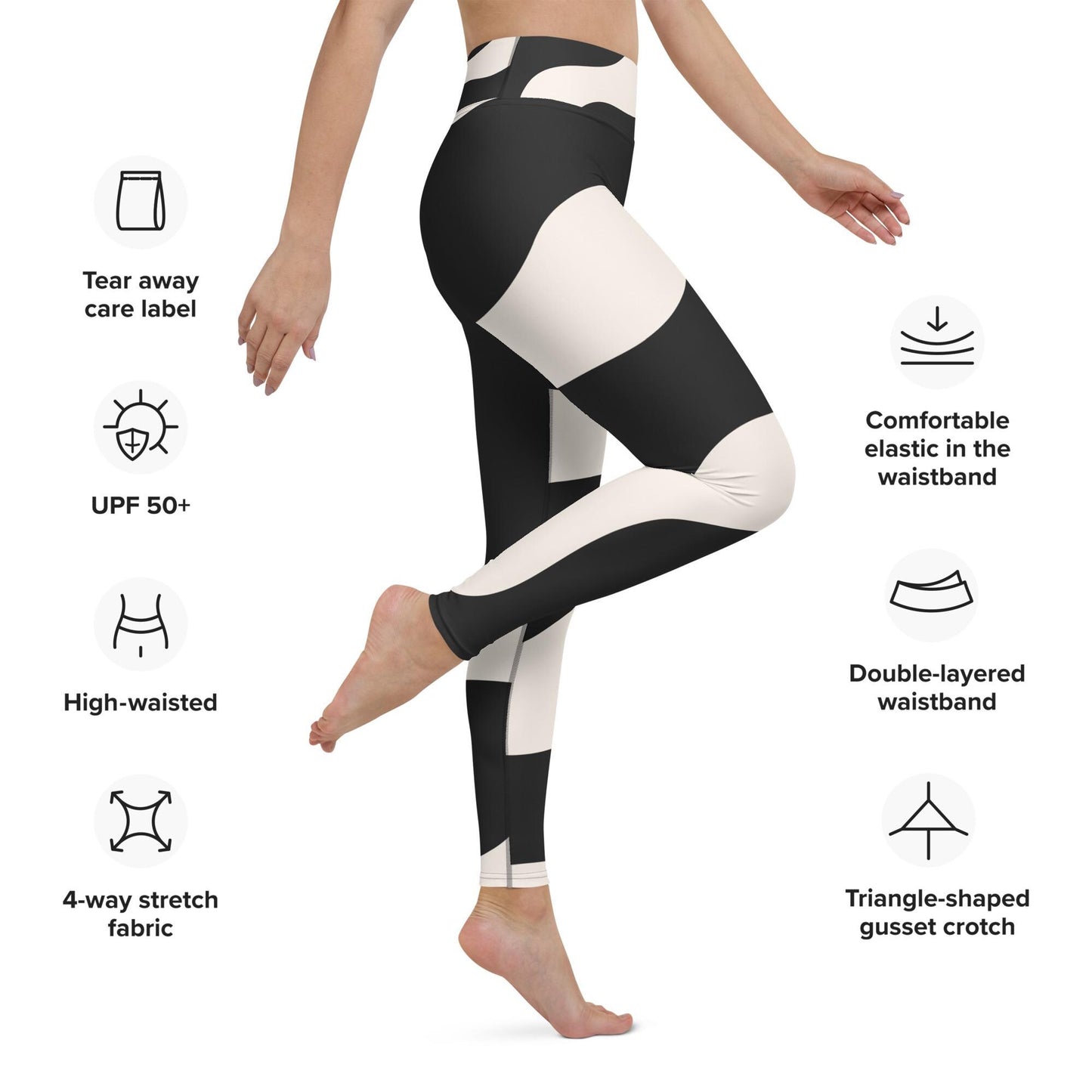 Legging de yoga pour femme – Beige & Noir – Stretch, taille haute, séchage rapide – Graphique Minimaliste