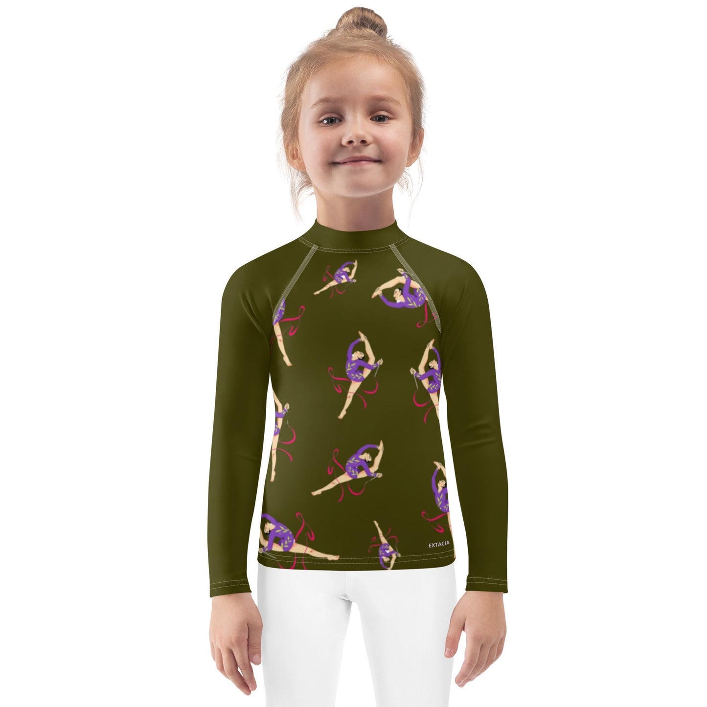 Rash guard pour petite fille – Vert Militaire – Compression légère, séchage rapide – Motif Gymnaste Danseuse