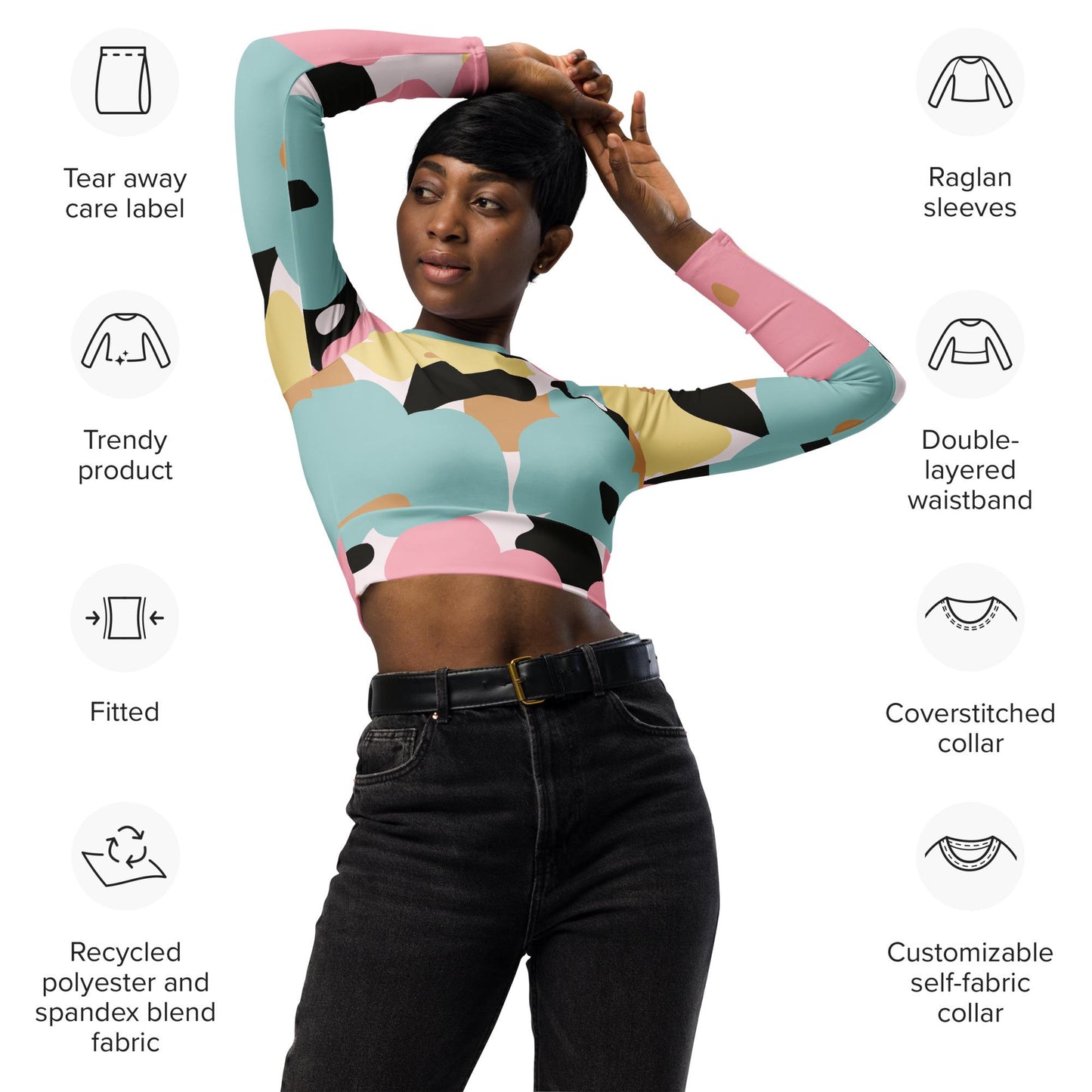 Crop top manches longues pour femme – Fleuri, Pastel – Polyester recyclé, haut court éco-responsable & confortable