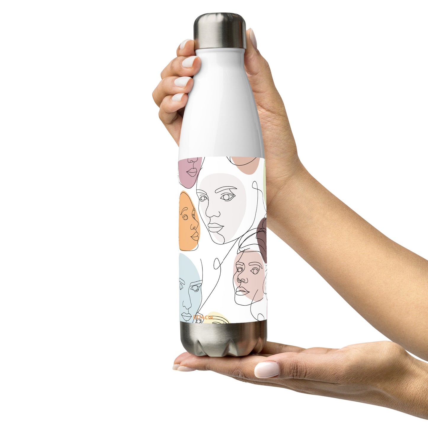 Gourde inox en situation – sport, bureau, voyage, style minimaliste - calligraphie visages feminins