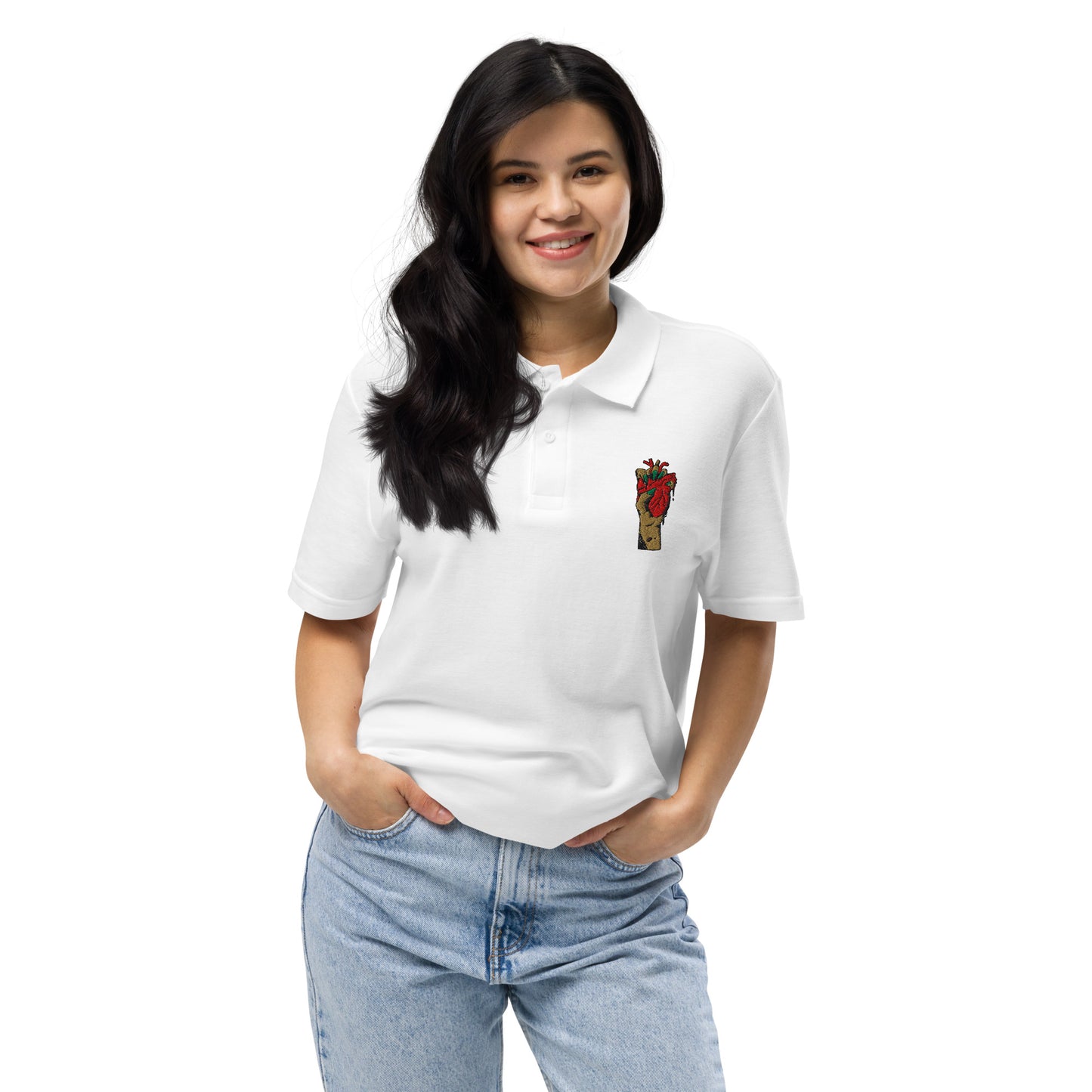 Polo pour femme à manches courtes – 100% coton piqué, motif brodé "Coeur Déjà Pris"