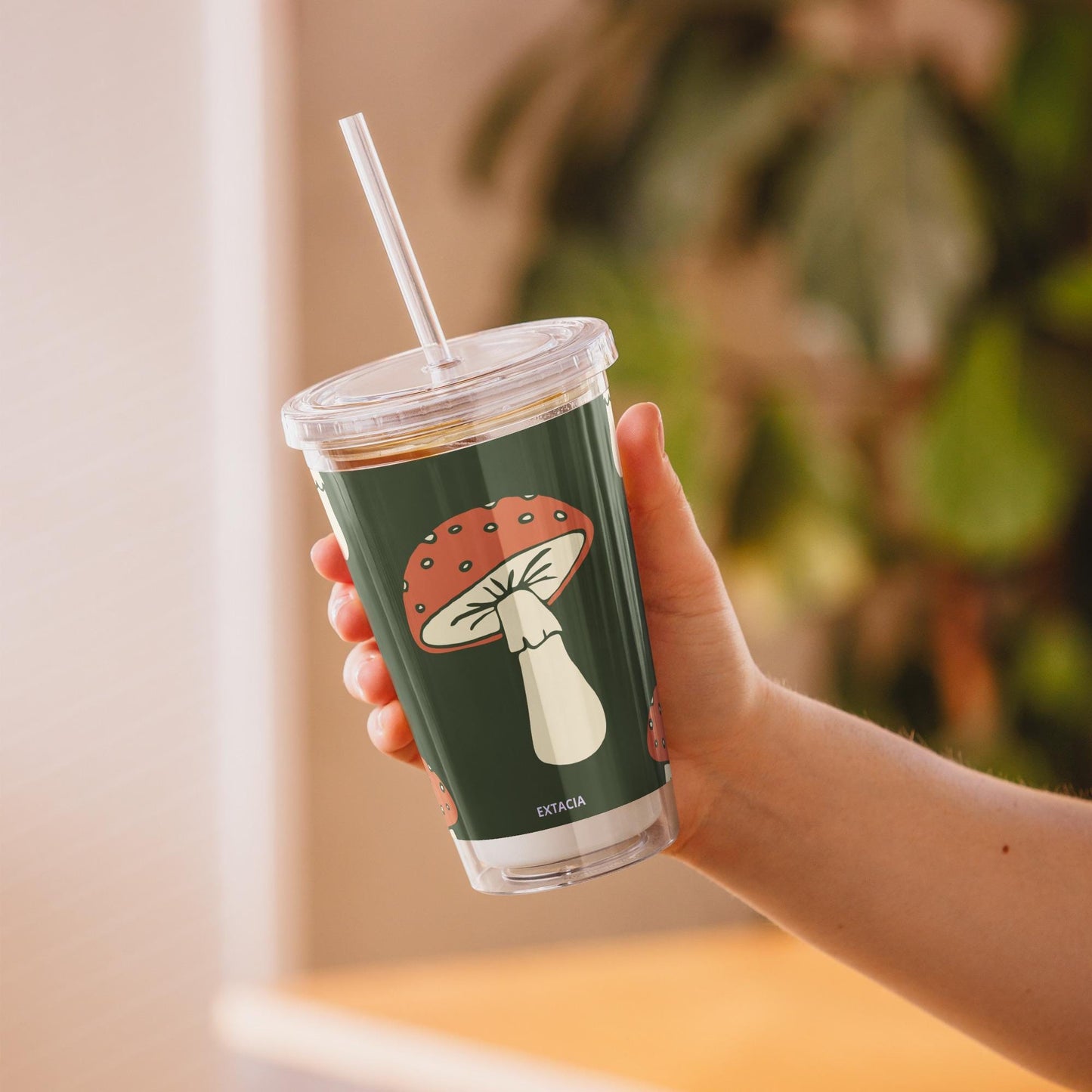 Gobelet en plastique transparent – Réutilisable, sans BPA -  590 ml (16 oz) – Cadeau personnalisé original - Design Minimaliste Champignon