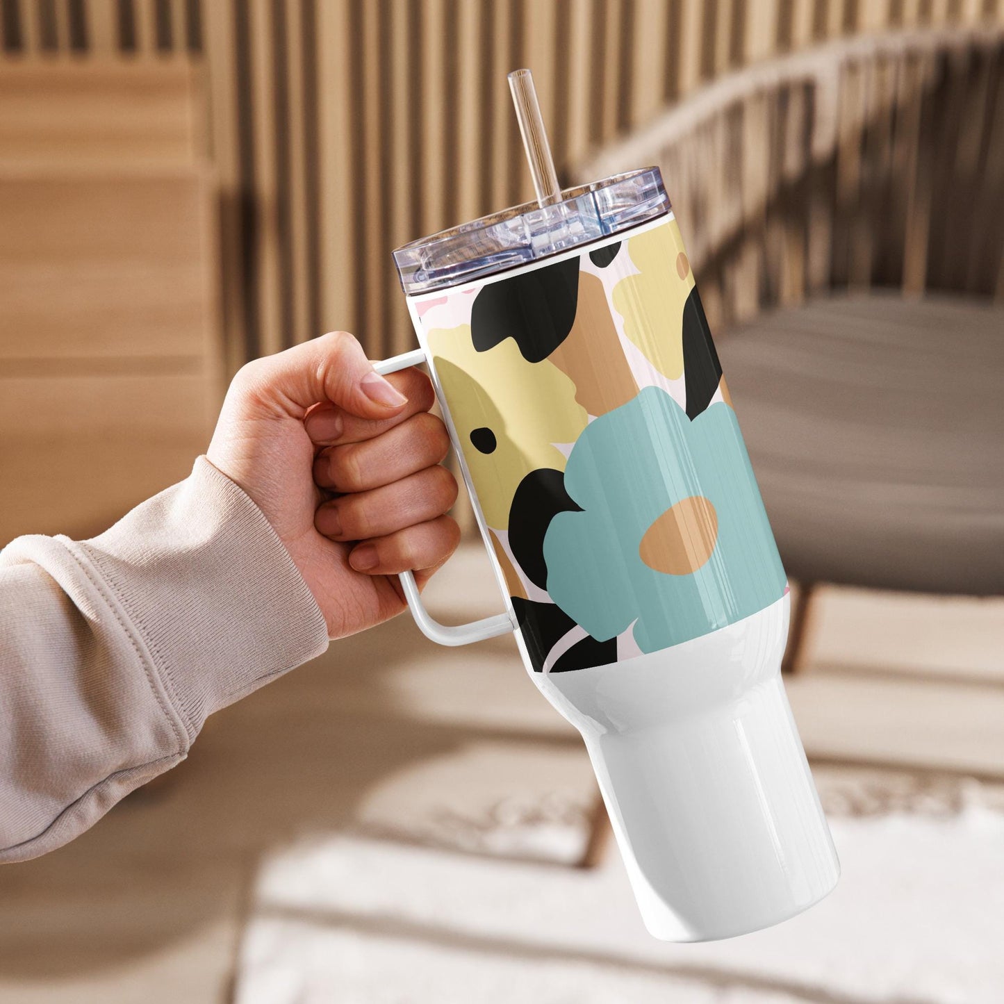 Mug Isotherme Inox - Mug de Voyage Isotherme en Acier Inoxydable avec Anse – Design Florale - THERMOS, gobelet - Durable, Léger, Étanche