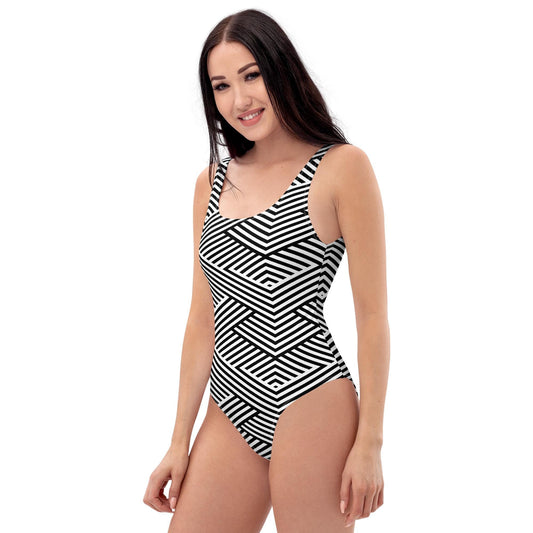 Maillot de bain 1 pièce pour femme – Blanc & Noir – Confort, maintien & séchage rapide – Graphique