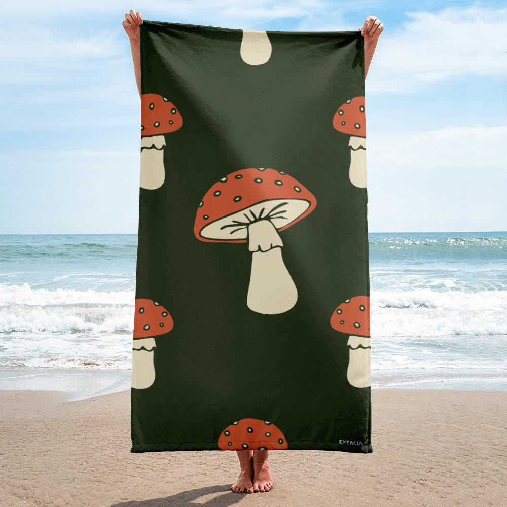 Serviette de Bain en Coton – Serviette de plage - Douce, Absorbante et Compacte, Voyage, Sport, Piscine surf, Design minimaliste champignons