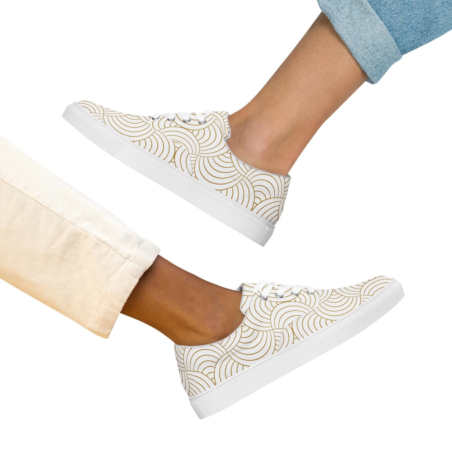 Tennis en toile pour femme - Blanc et Or – À lacets, légères et confortables – Graphique