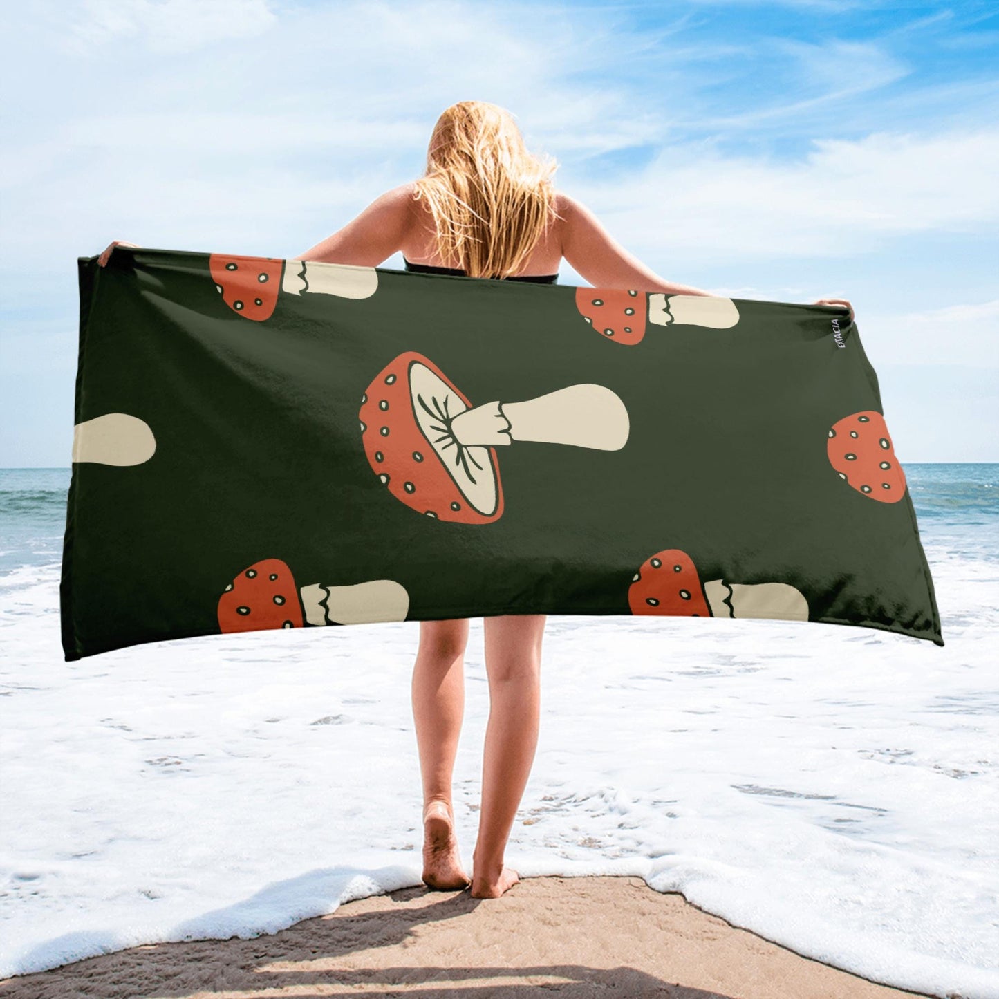 Serviette de Bain en Coton – Serviette de plage - Douce, Absorbante et Compacte, Voyage, Sport, Piscine surf, Design minimaliste champignons