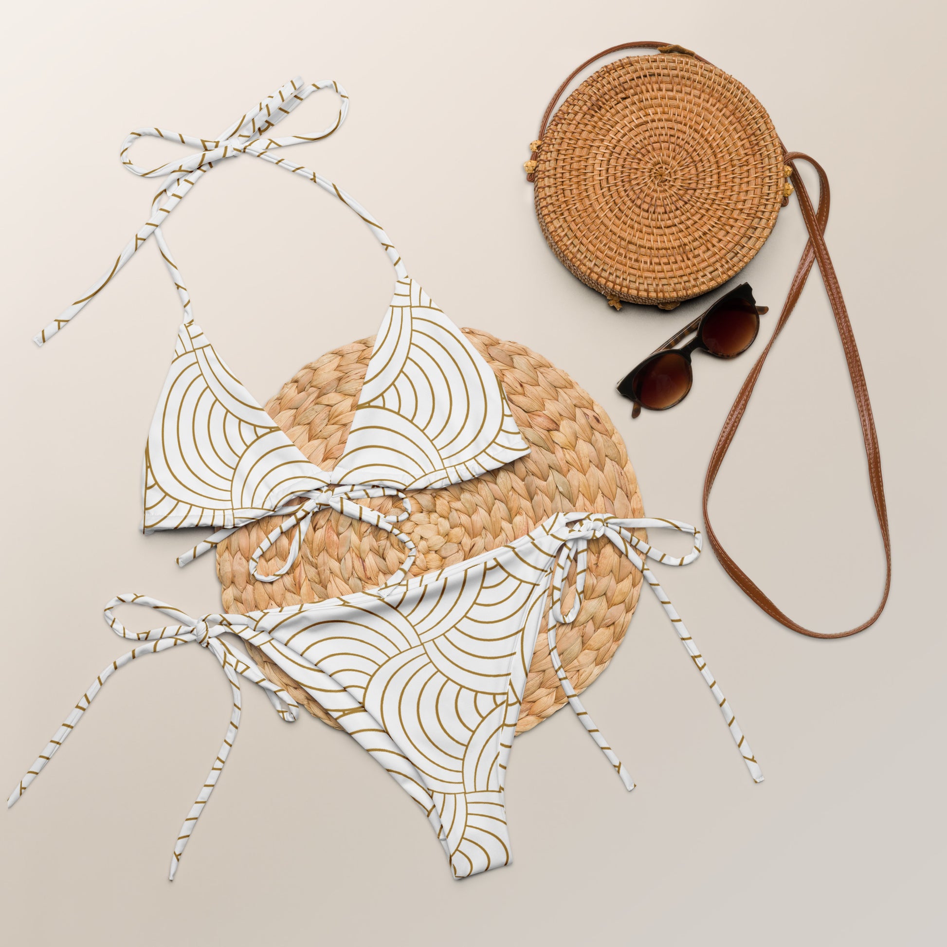 Bikini femme - blanc et or, graphique minimaliste  – séchage rapide, usage plage et piscine