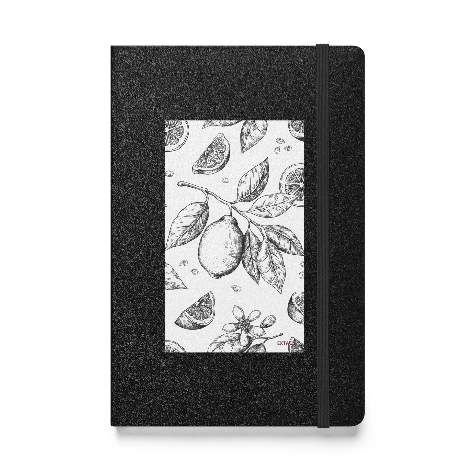 Carnet à couverture rigide vue de face, design minimal - A5 – noir - citronnier noir & blanc