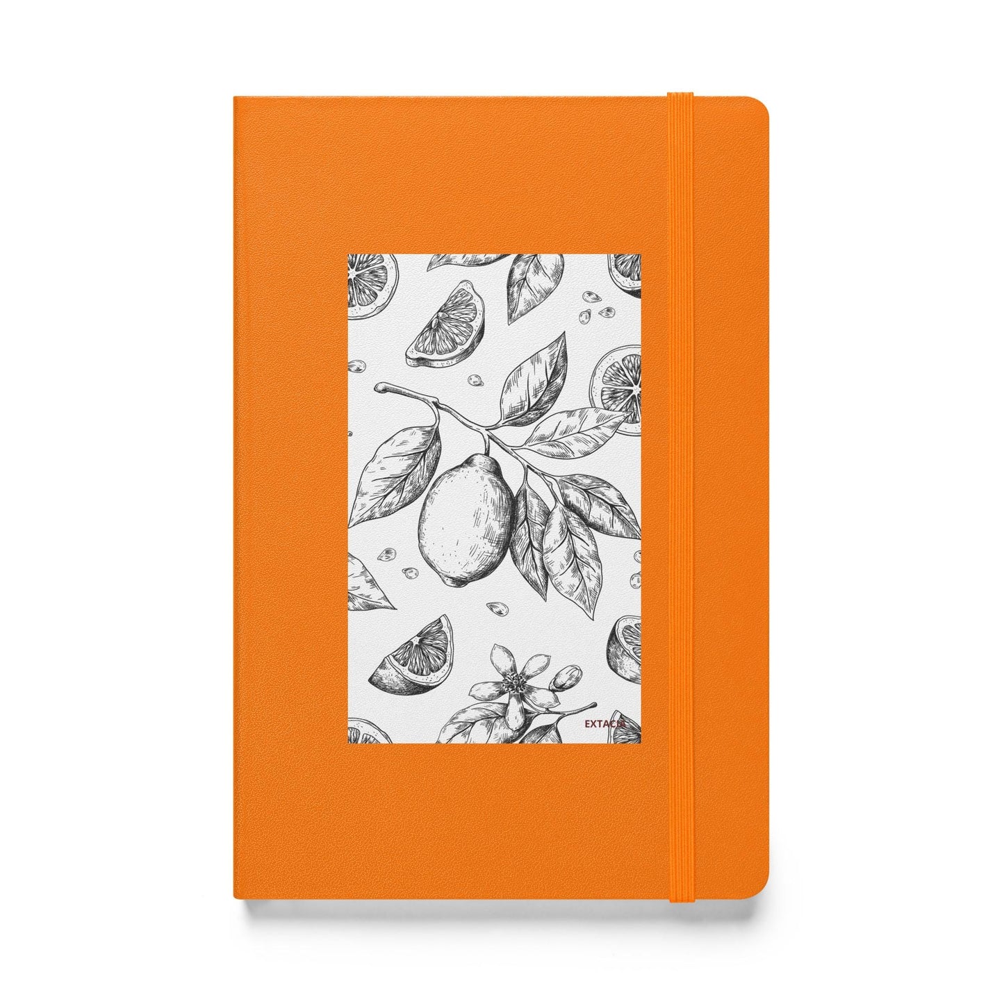 Carnet à couverture rigide vue de face, design minimal - A5 – orange - citronnier noir & blanc
