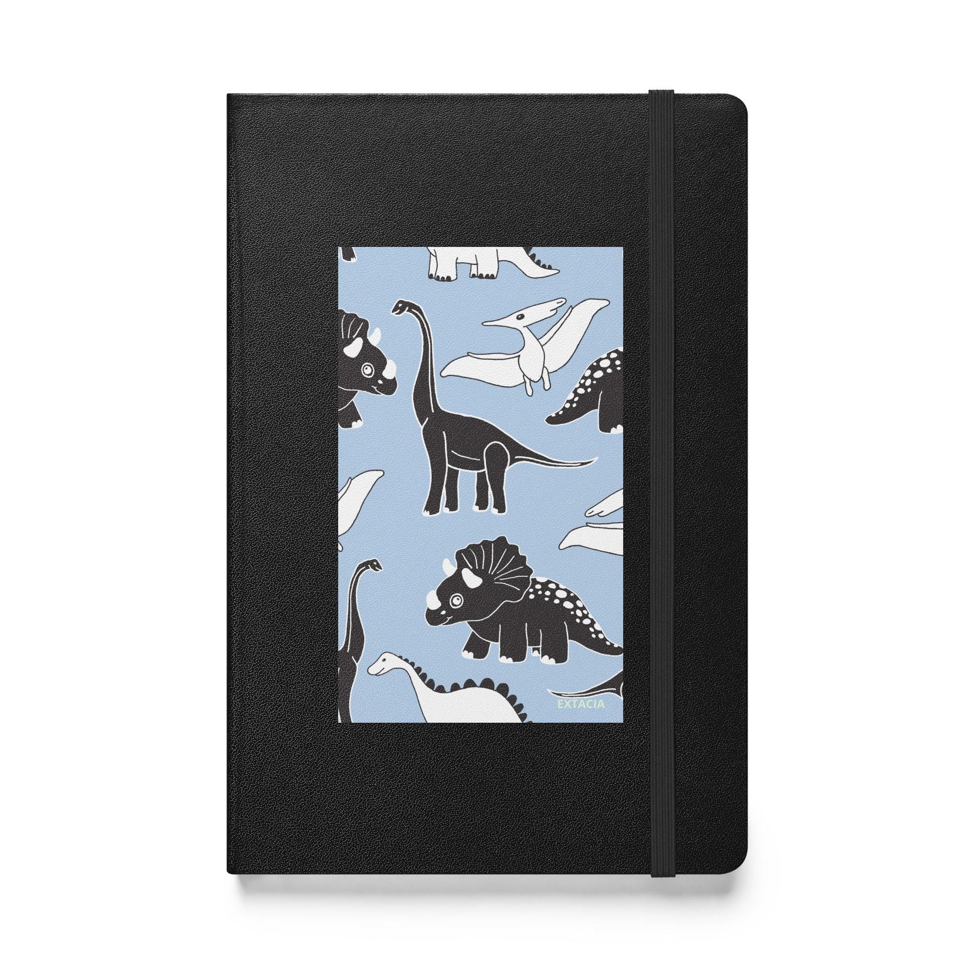 Carnet à couverture rigide vue de face, design minimal - noir - A5 – Bleu dinosaures