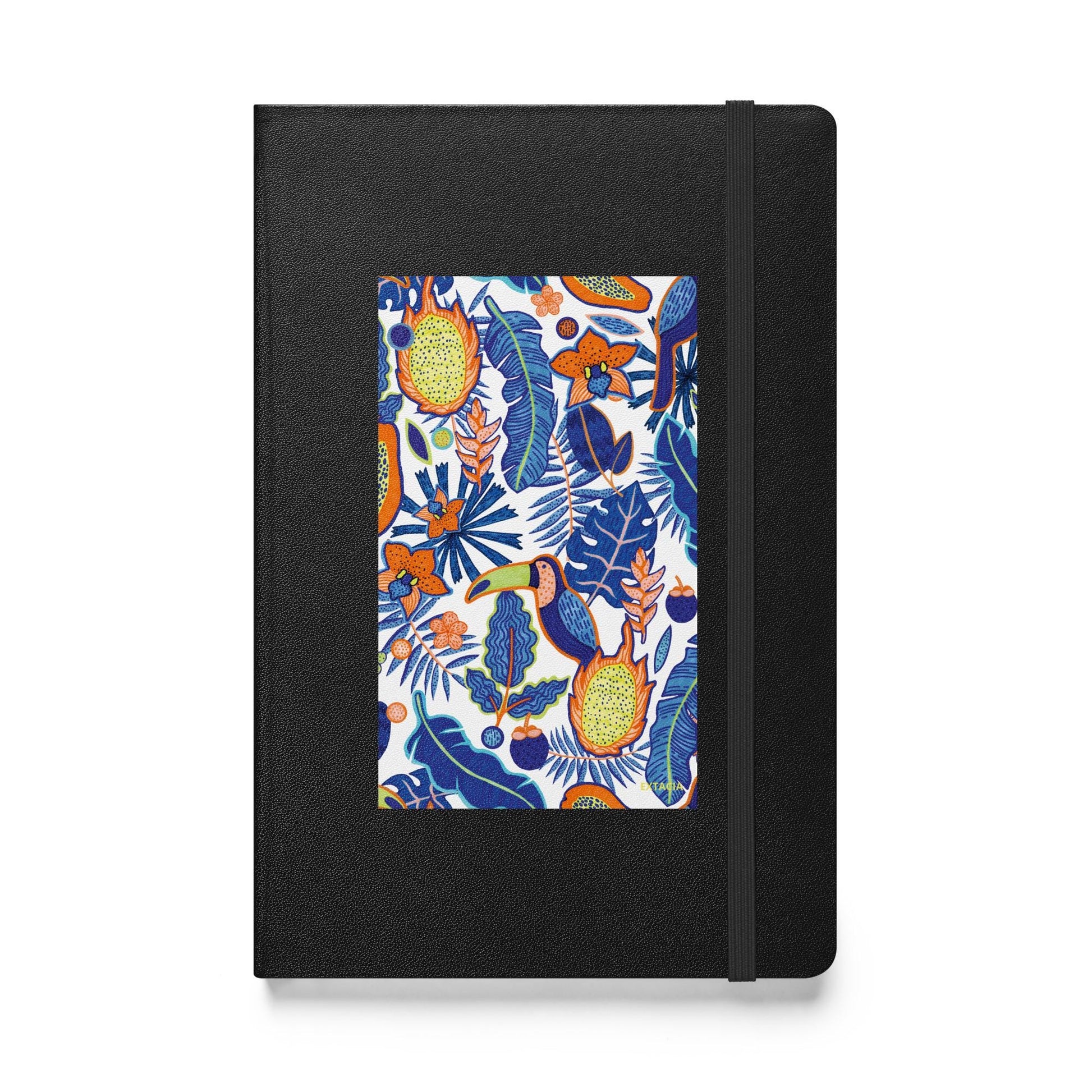 Carnet à couverture rigide vue de face, design minimal - noir - A5 – Faune tropicale bleu - plante