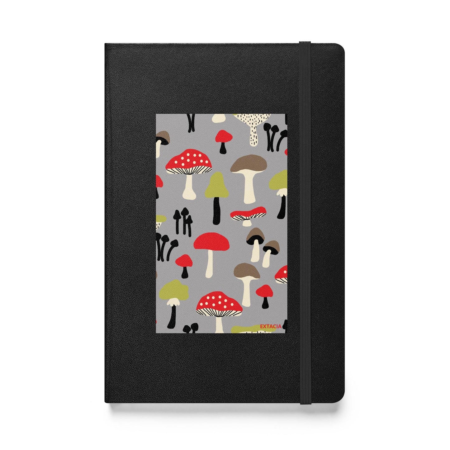 Carnet à couverture rigide vue de face, design minimal - noir - A5 – forêt des champignons