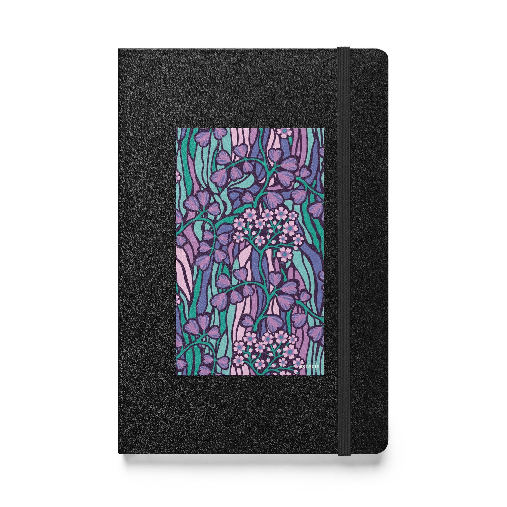 Carnet à couverture rigide vue de face, design minimal - noir - A5 – jardin coloré