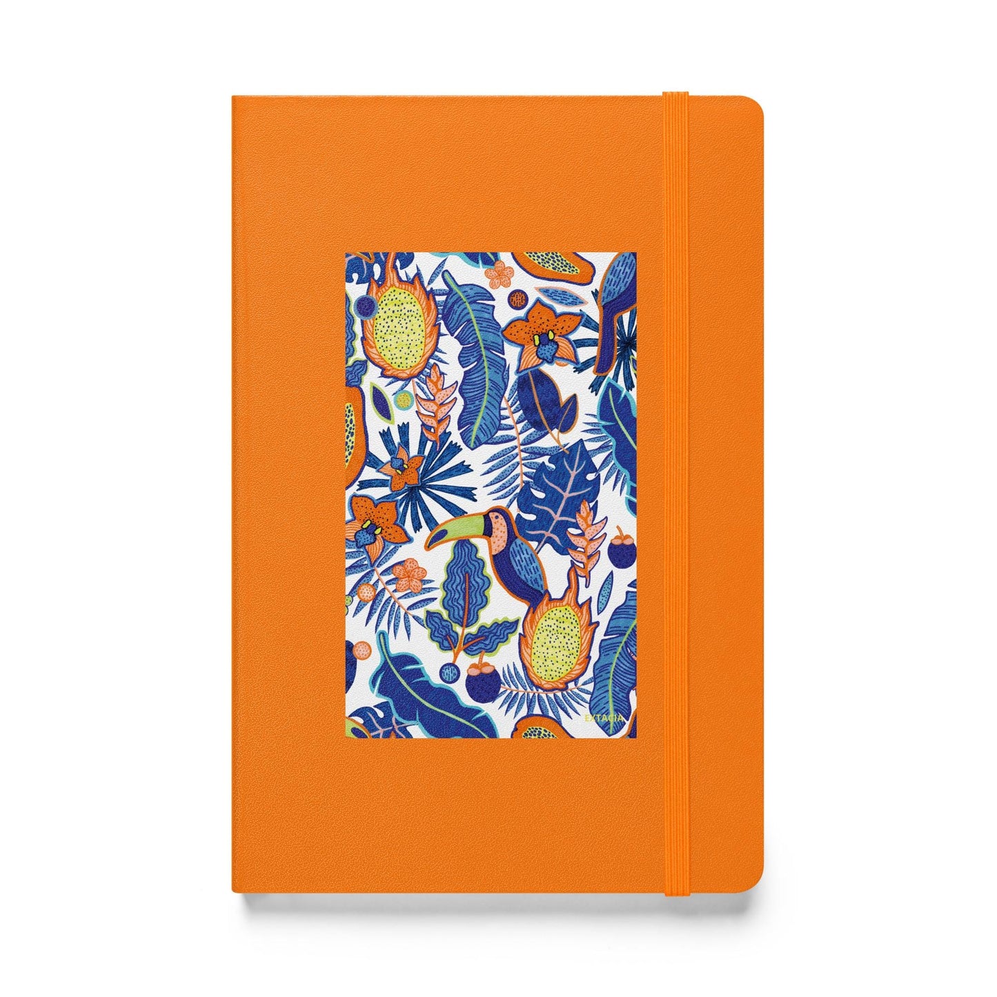 Carnet à couverture rigide vue de face, design minimal - orange - A5 – Faune tropicale bleu - plante