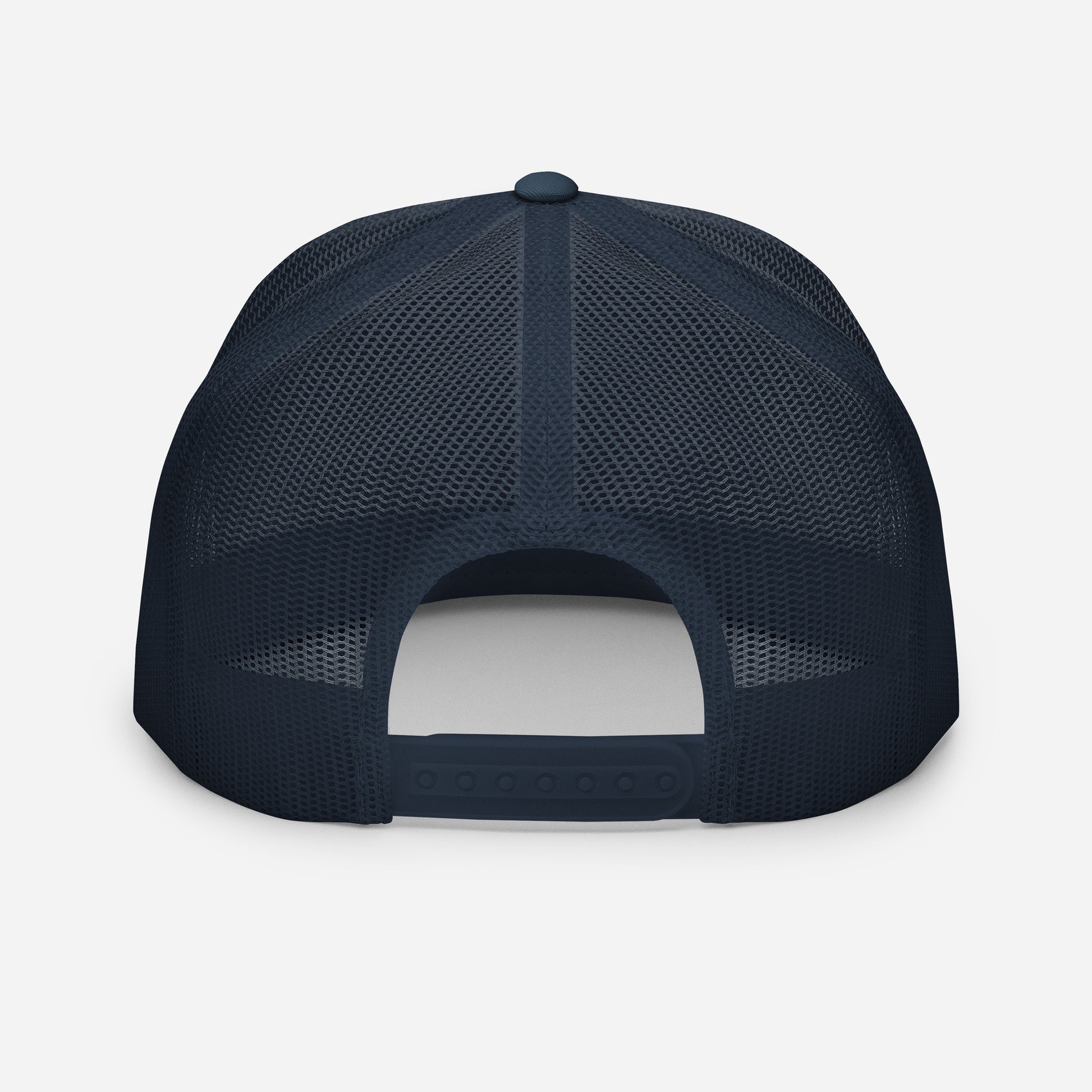 Casquette trucker  – vue de dos, réglage snapback - bleu marine blanc bleur marine motif brode coeur deja pris