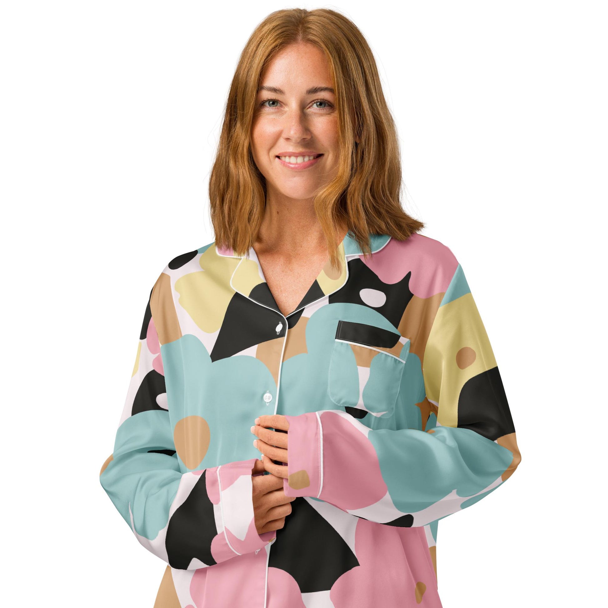 Chemisier de pyjama femme - manches longues - fleuri, pastel – vue de face, coupe fluide