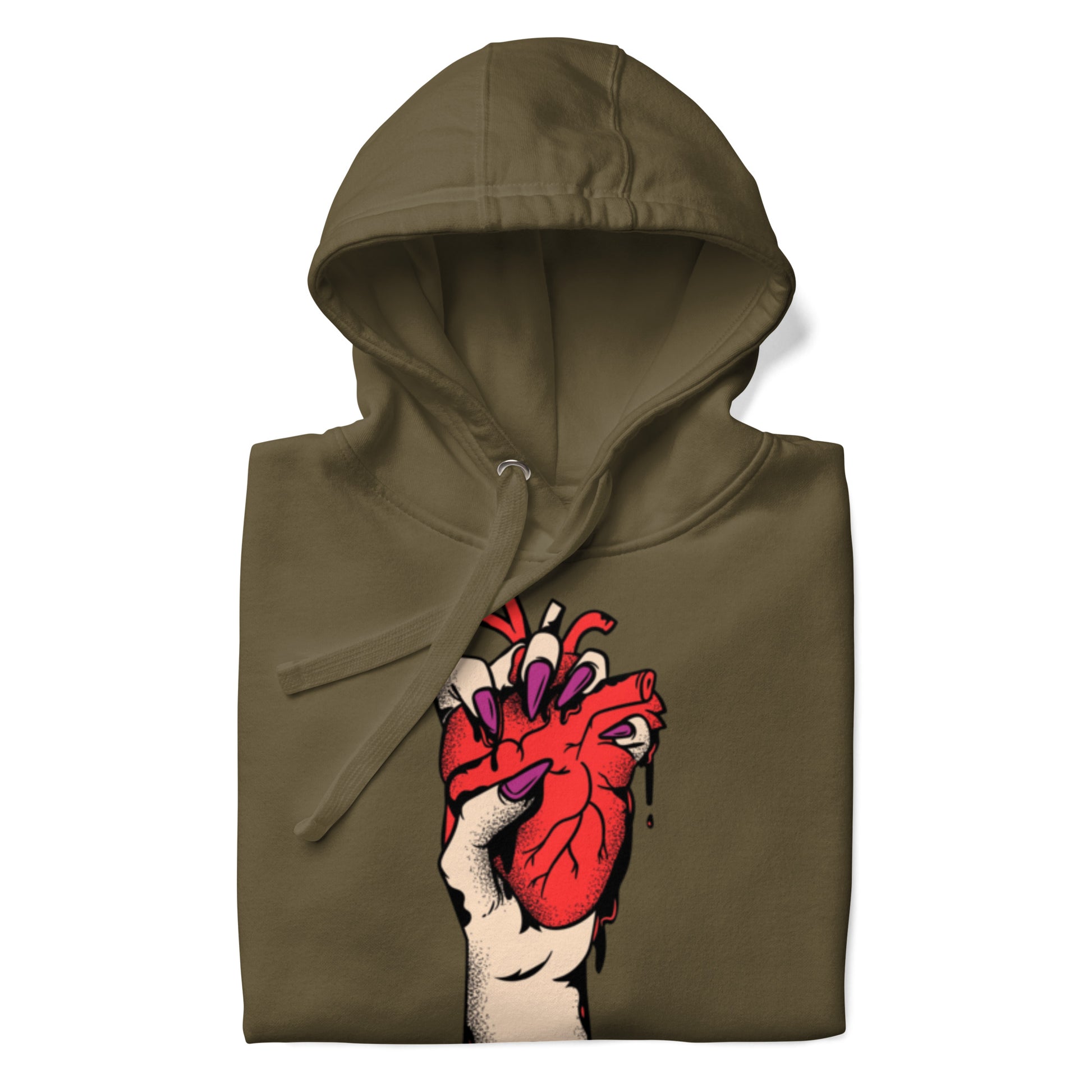 Détail du **motif imprimé** et trame coton, couture propre - kaki – Coeur déjà pris, rouge 