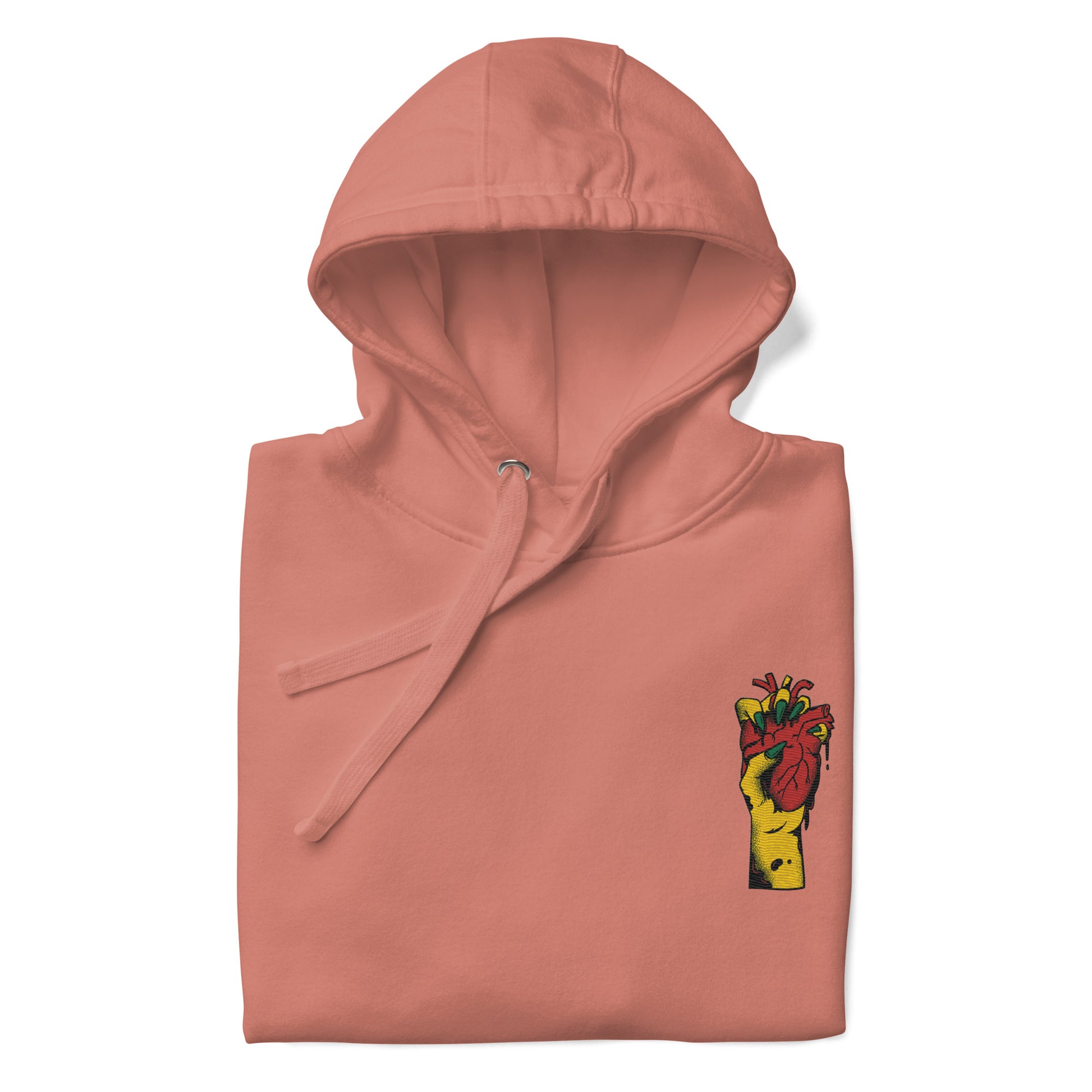 Détail du **motif imprimé** et trame coton, couture propre  - saumon – Coeur déjà pris, rouge - motif brodé