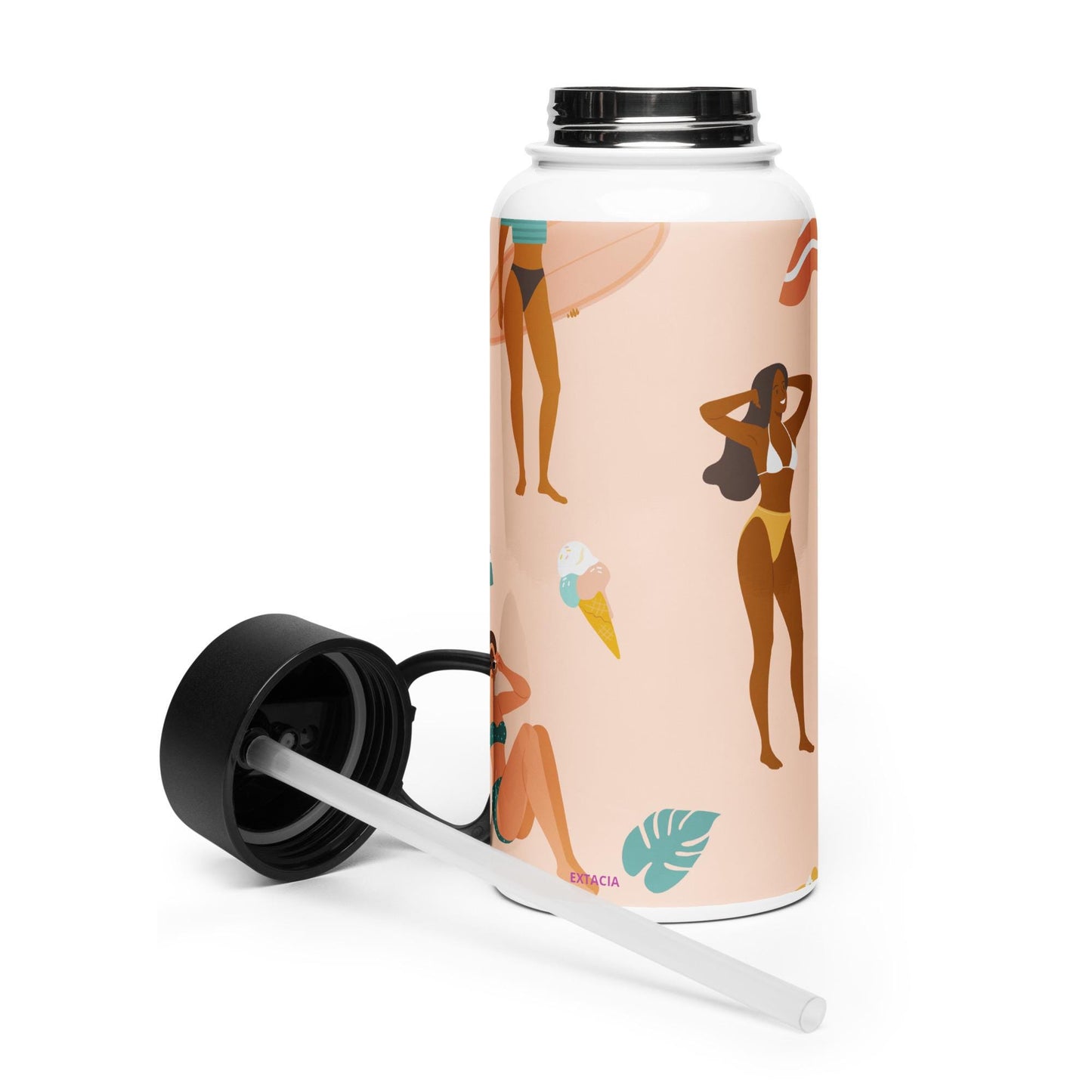 Gourde inox - bouchon avec paille – vue 3/4, base et finition soignée design estival