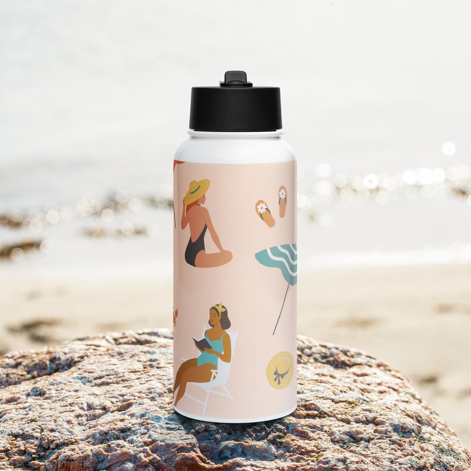 Gourde inox 950 ml  avec paille – vue de face, bouchon vissé étanche - design estival