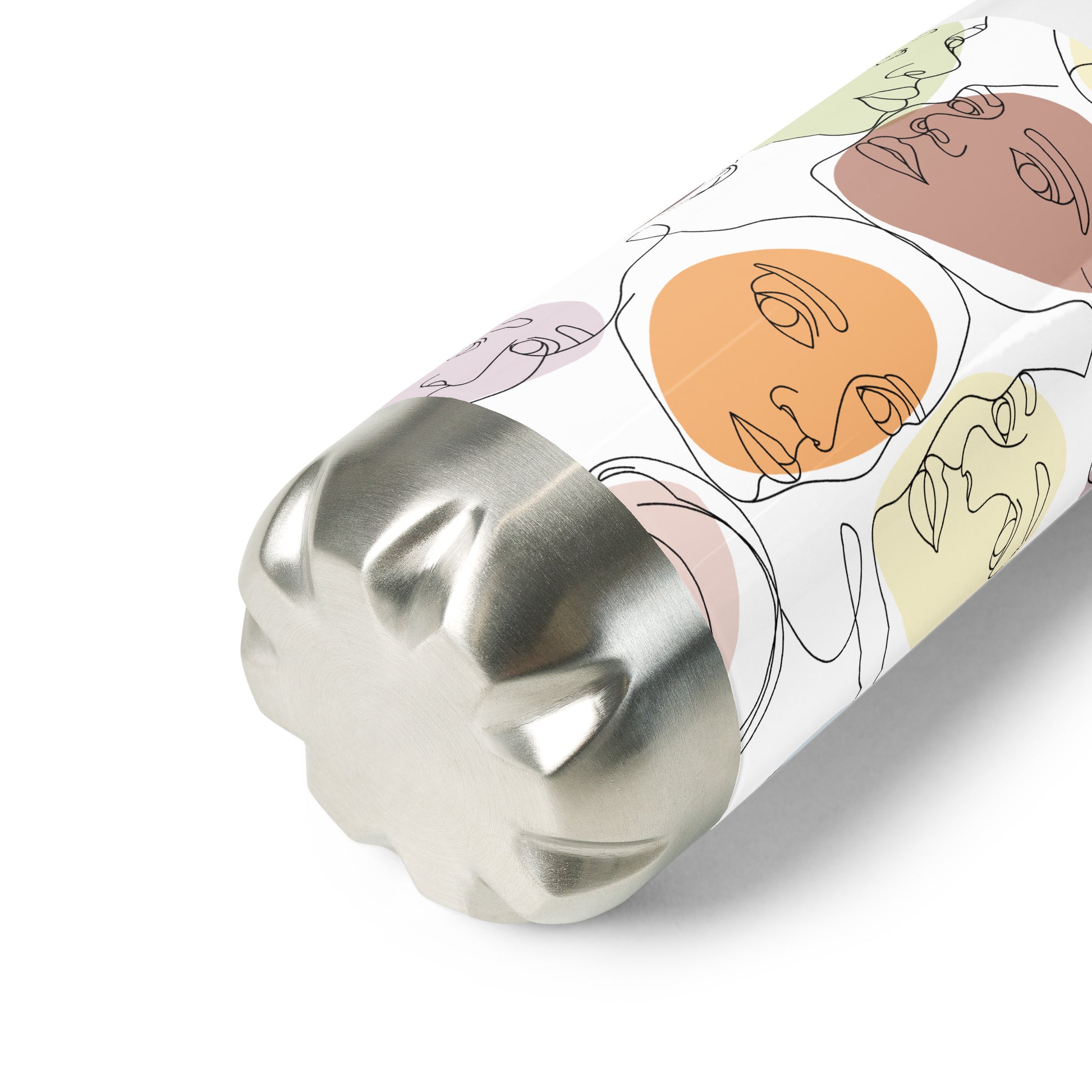 Gourde inox – vue 3/4, base antichoc/finition soignée - calligraphie visages feminins