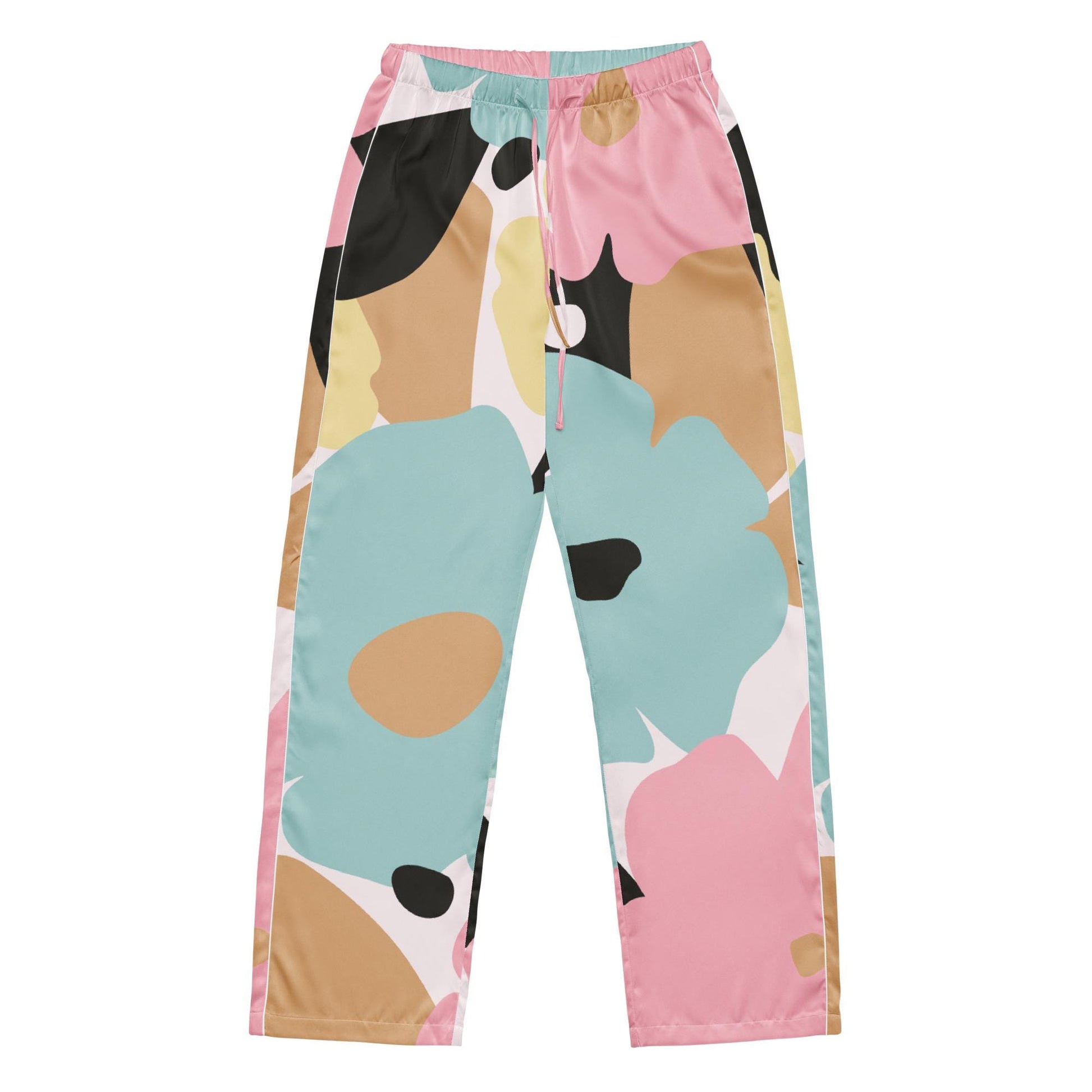 Gros plan ourlets et coutures, pantalon fleuri, pastel, style minimaliste