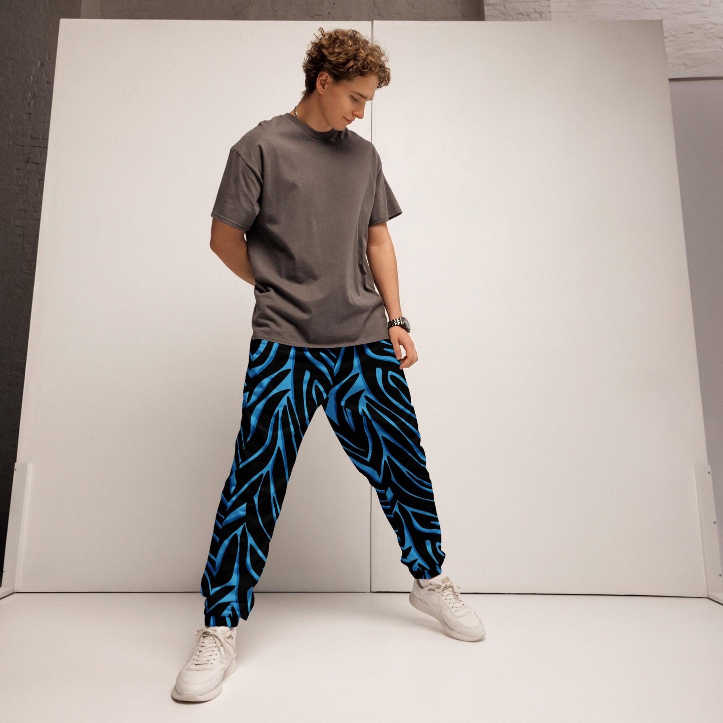 Jogger porté – usage streetwear/sport, - pantalon homme -bleu et noir - imprimé animal minimaliste