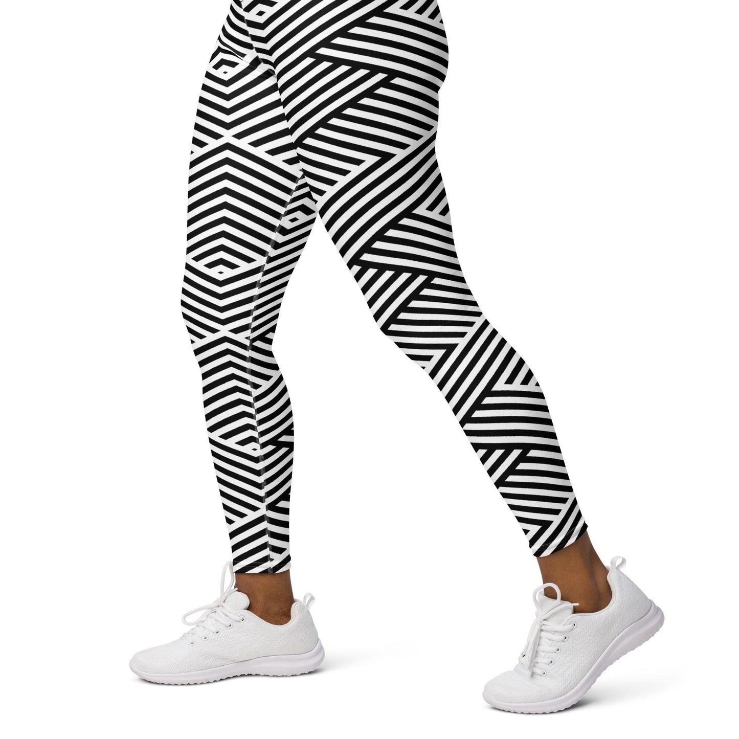 Legging de yoga femme blanc et noir à rayures - imprimé graphique minimaliste  -  –  en posture (yoga/pilates) – opaque en flexion