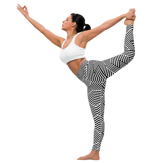 Legging de yoga femme blanc et noir à rayures - imprimé graphique minimaliste – vue de profil, stretch et maintien