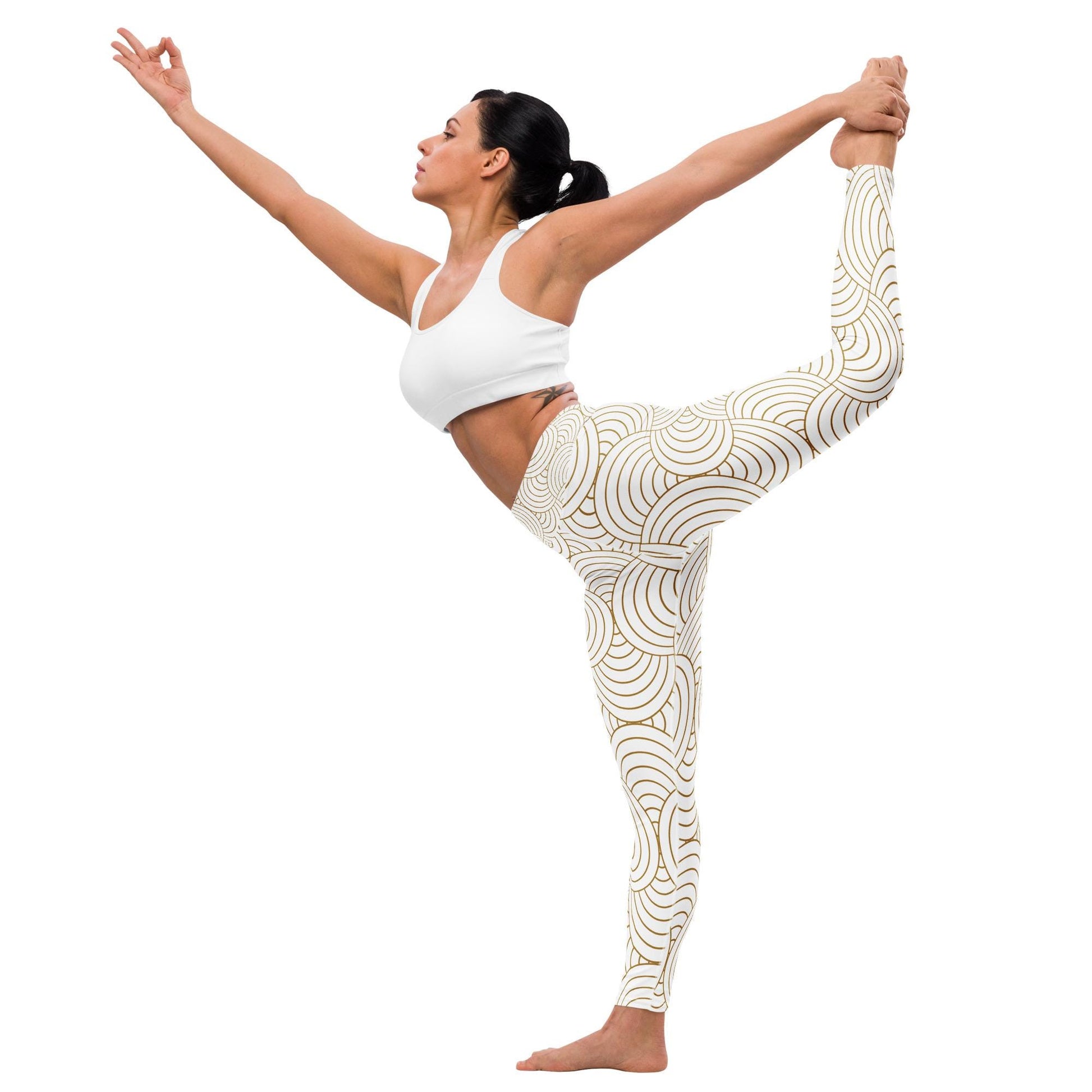 Legging de yoga femme blanc et or - imprimé graphique minimaliste – vue de profil, stretch et maintien