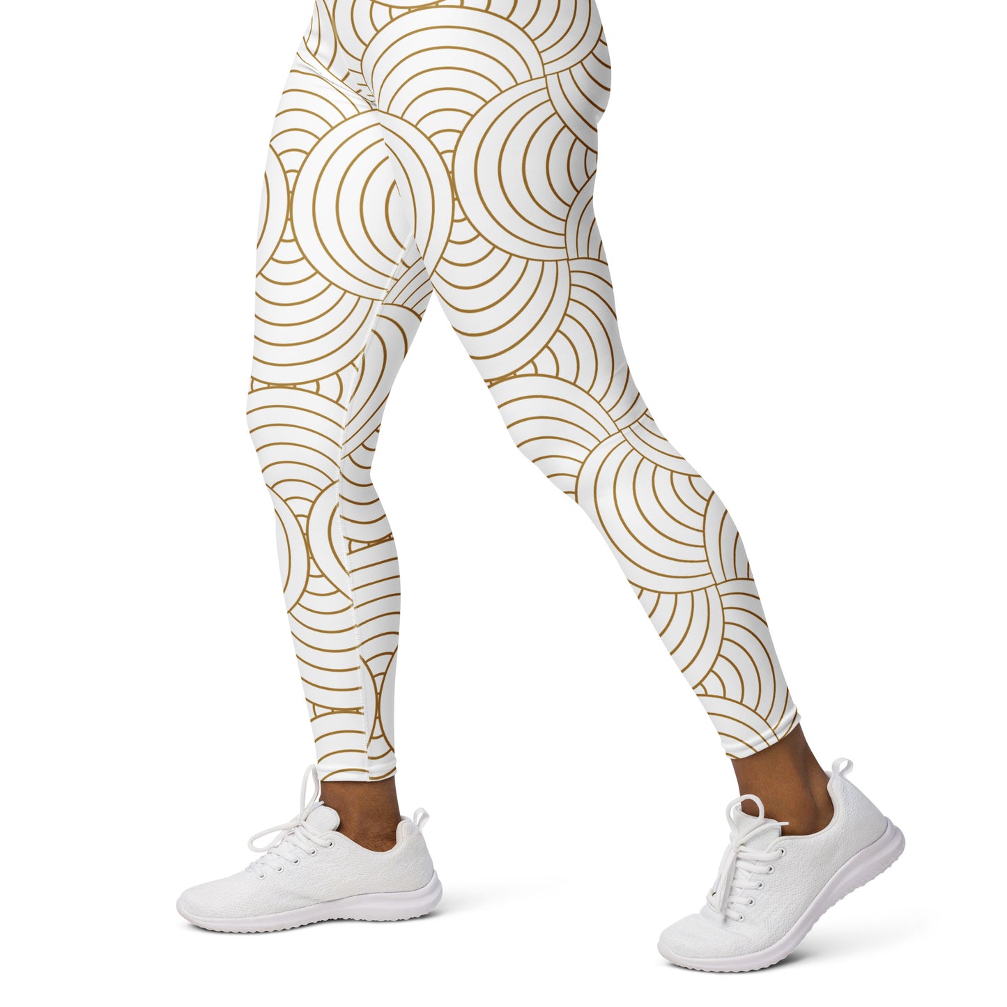 Legging de yoga femme blanc et or à spirales - imprimé graphique minimaliste  -  –  en posture (yoga/pilates) – opaque en flexion