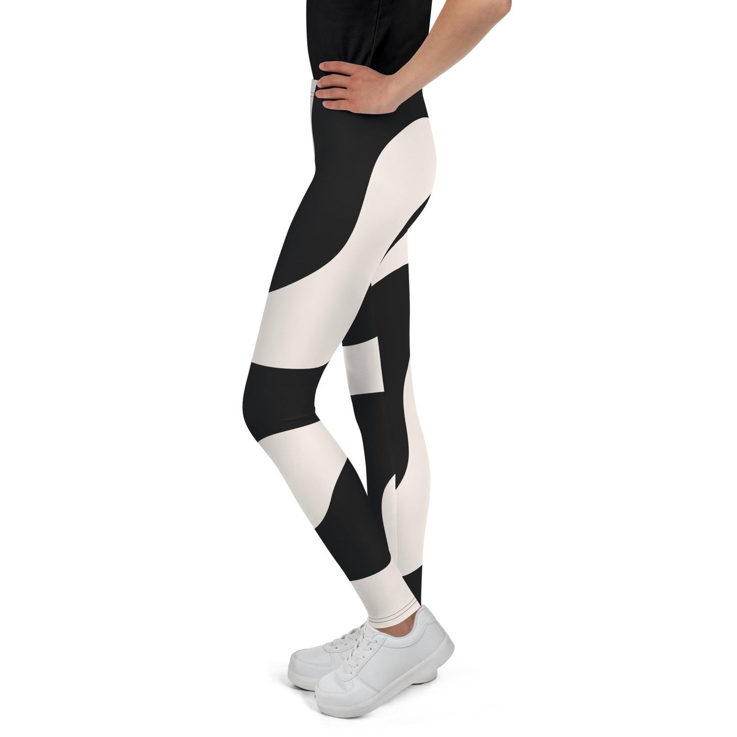 Legging fille ado - beige et noir à ondulations, graphique, minimaliste – Posture d’entraînement – opaque en flexion