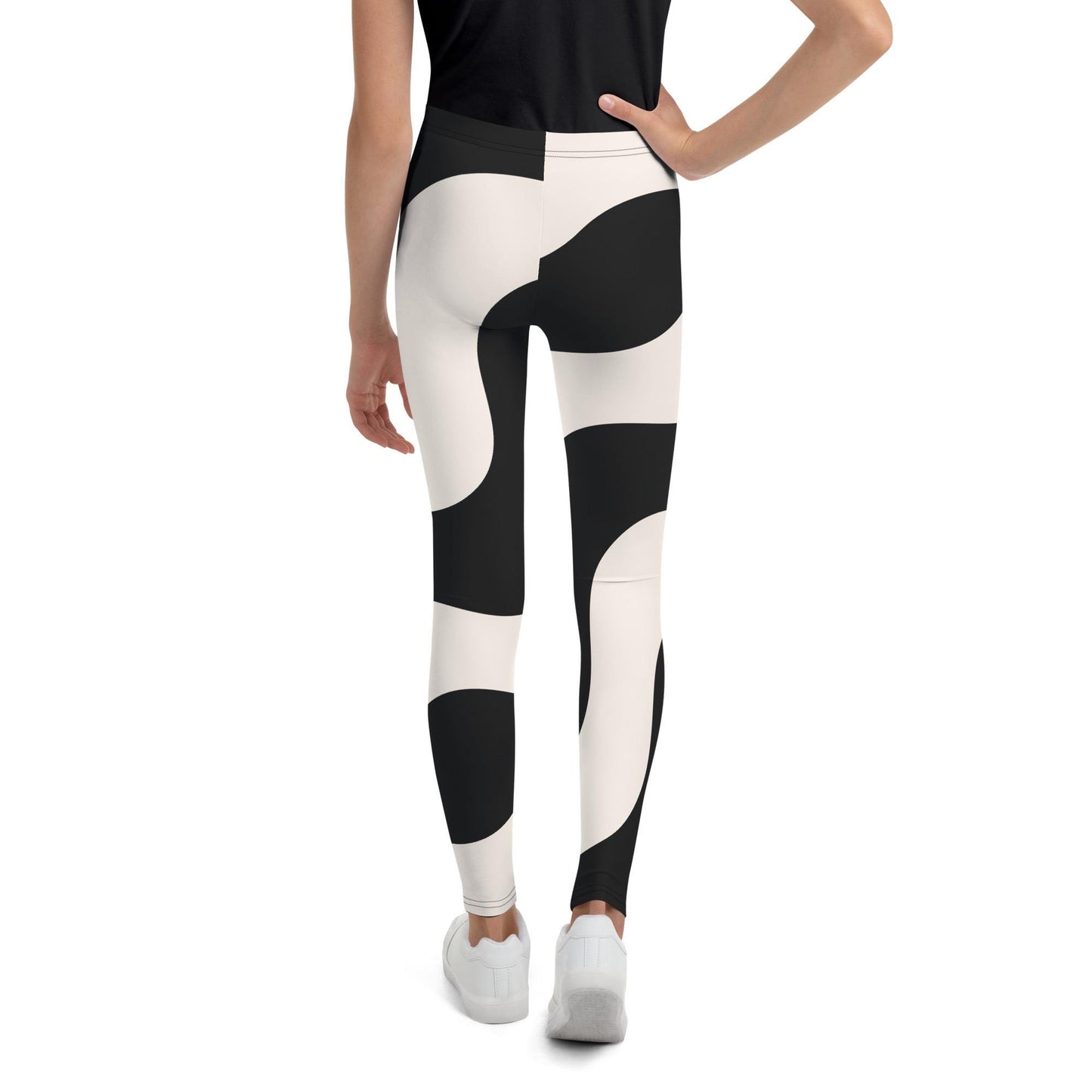 Legging fille ado - beige et noir à ondulations, graphique, minimaliste – Posture d’entraînement – vue de dos, finitions propres