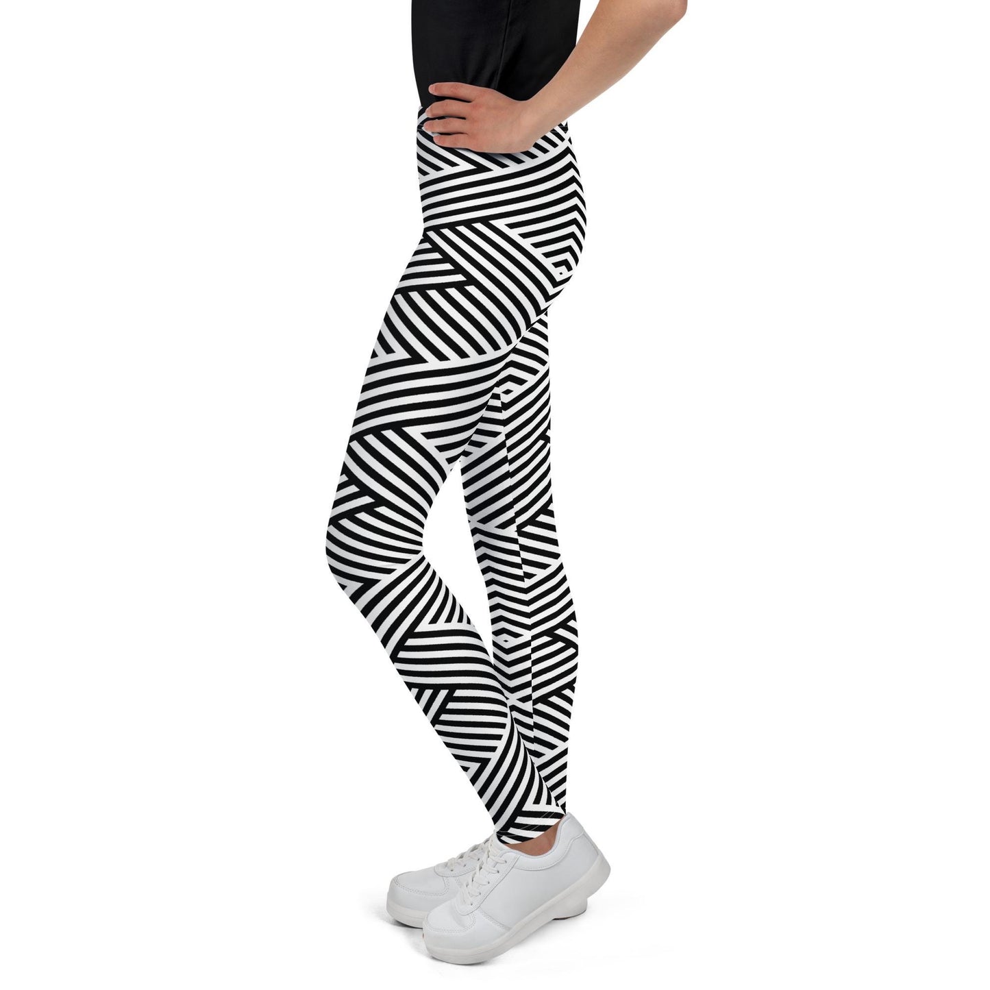 Legging fille ado - blanc et noir à rayures, graphique, minimaliste – Posture d’entraînement – opaque en flexion