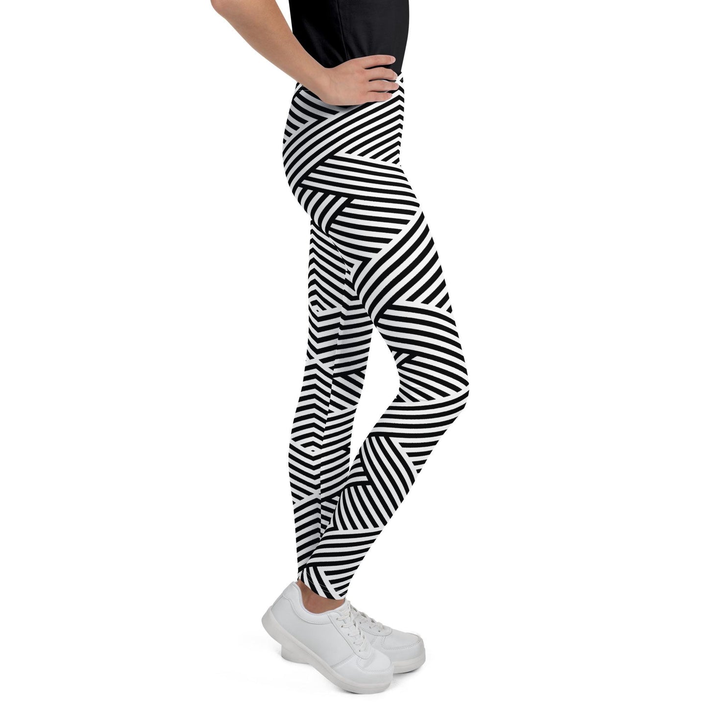 Legging fille ado - blanc et noir à rayures, graphique, minimaliste – vue de profil, stretch et maintien confortable