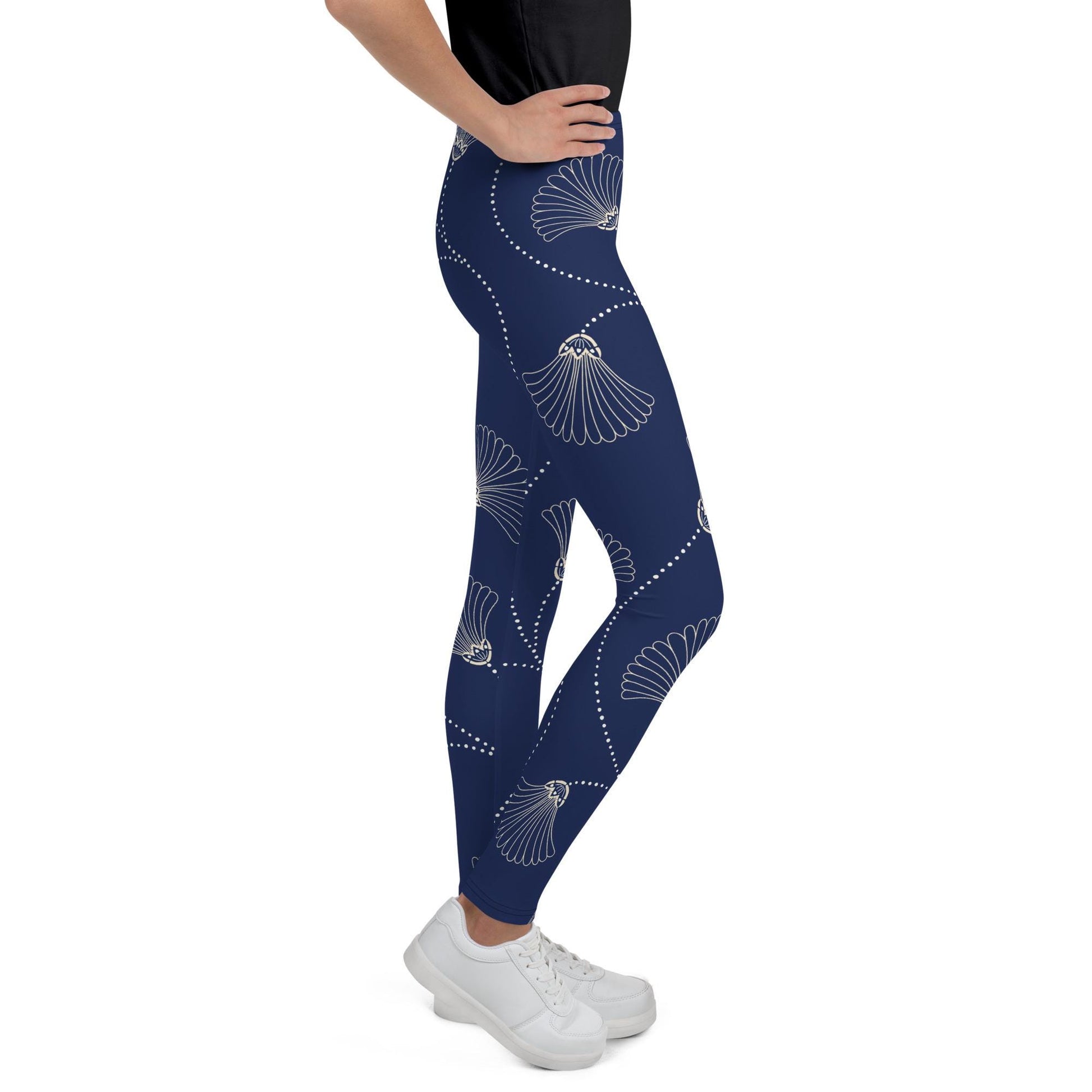 Legging fille ado - bleu fleuri, minimaliste – vue de profil, stretch et maintien confortable
