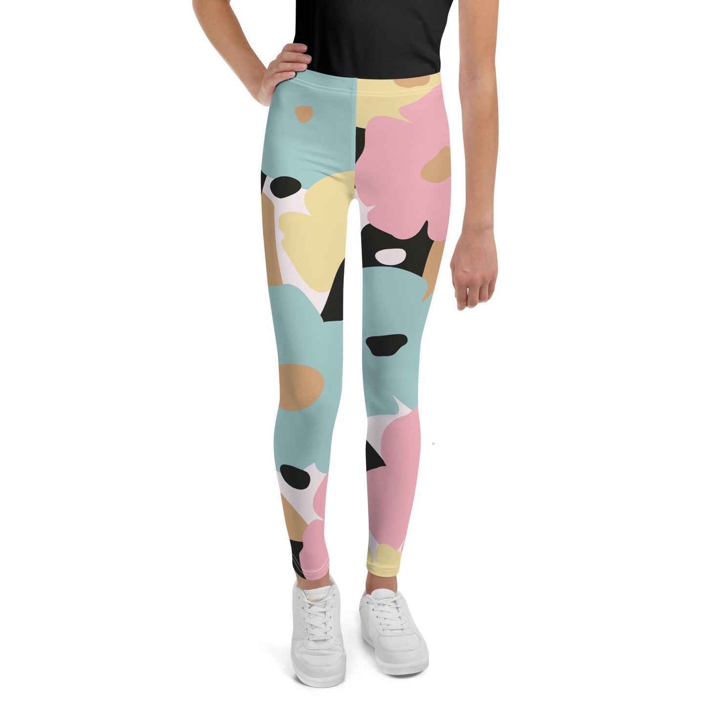 Legging fille ado - fleuri, pastel minimaliste – vue de face, taille haute et coupe près du corps