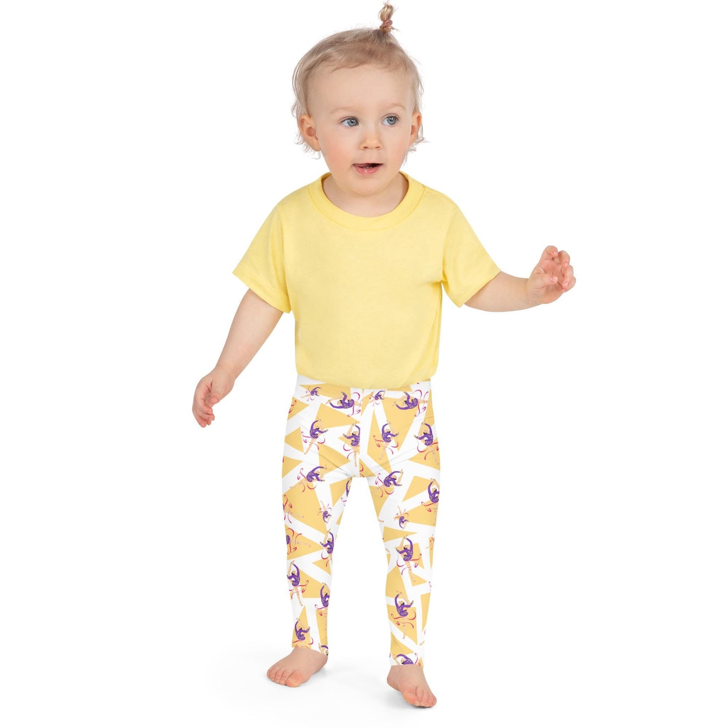 Leggings petite fille portés – crèche/école/danse, usage quotidien - blanc jaune - motif gymnaste danseuse 