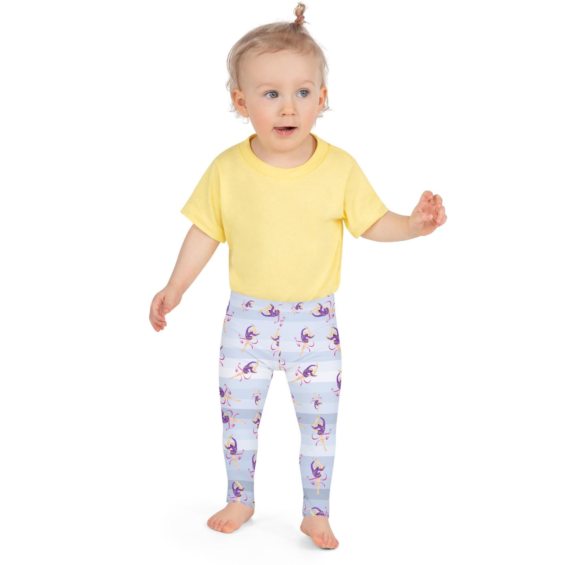 Leggings petite fille portés – crèche/école/danse, usage quotidien - dégradé bleu clair - motif gymnaste danseuse 