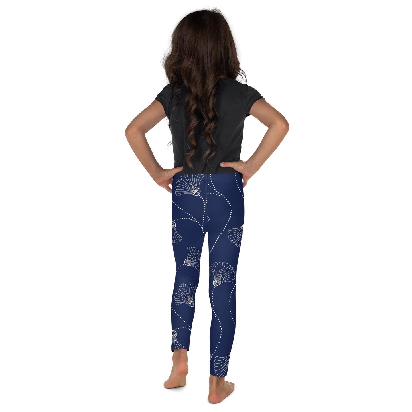 Leggings petite fille portés  – vue de dos, finitions propres - bleu fleuri - motif gymnaste danseuse 