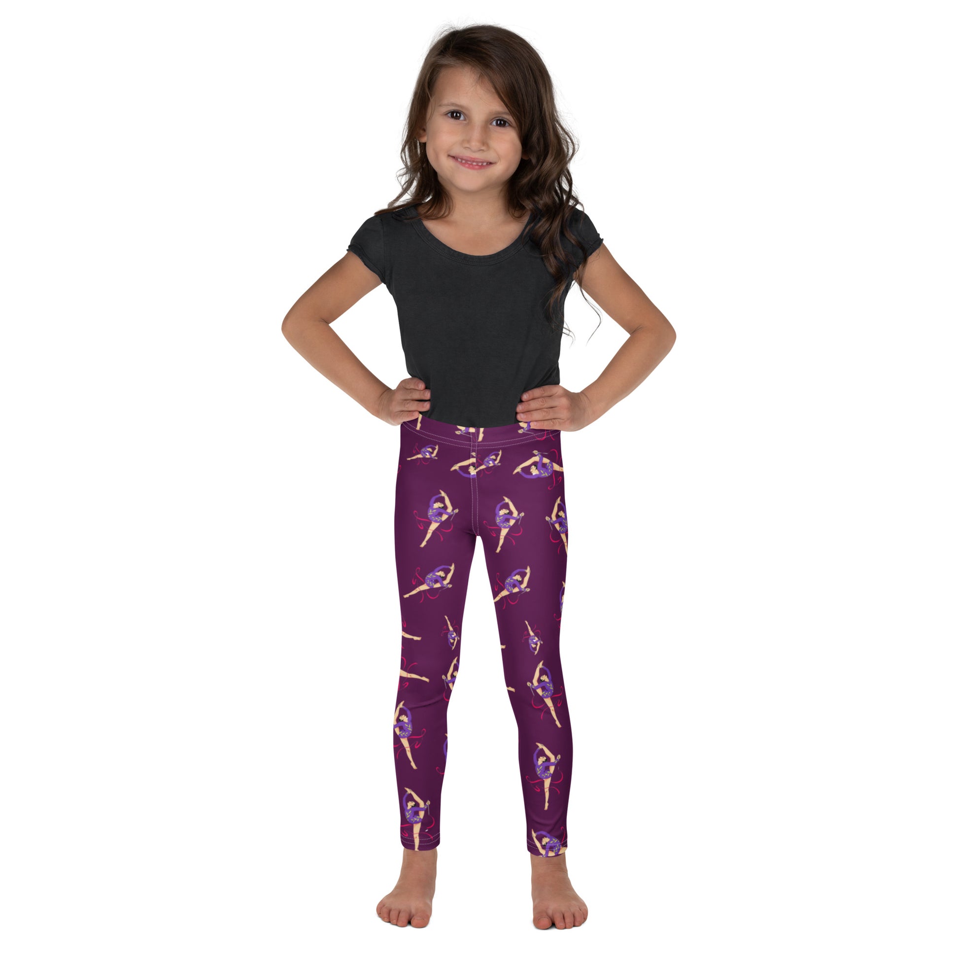 Leggings petite fille portés – vue de face, tissu doux et extensible - Mauve - motif gymnaste danseuse 