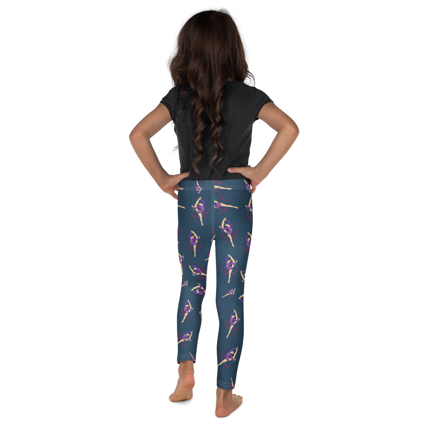 Leggings petite fille – vue de dos, finitions propres  - bleu caapri - motif gymnaste danseuse 