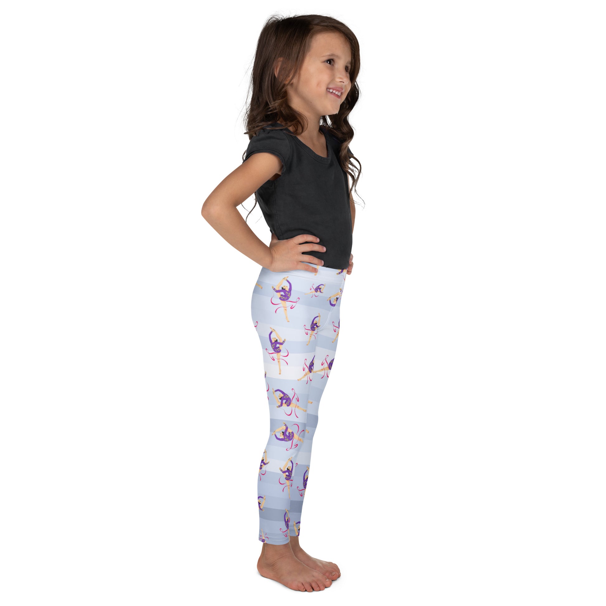 Leggings petite fille – vue de dos, finitions propres - dégradé bleu clair - motif gymnaste danseuse 