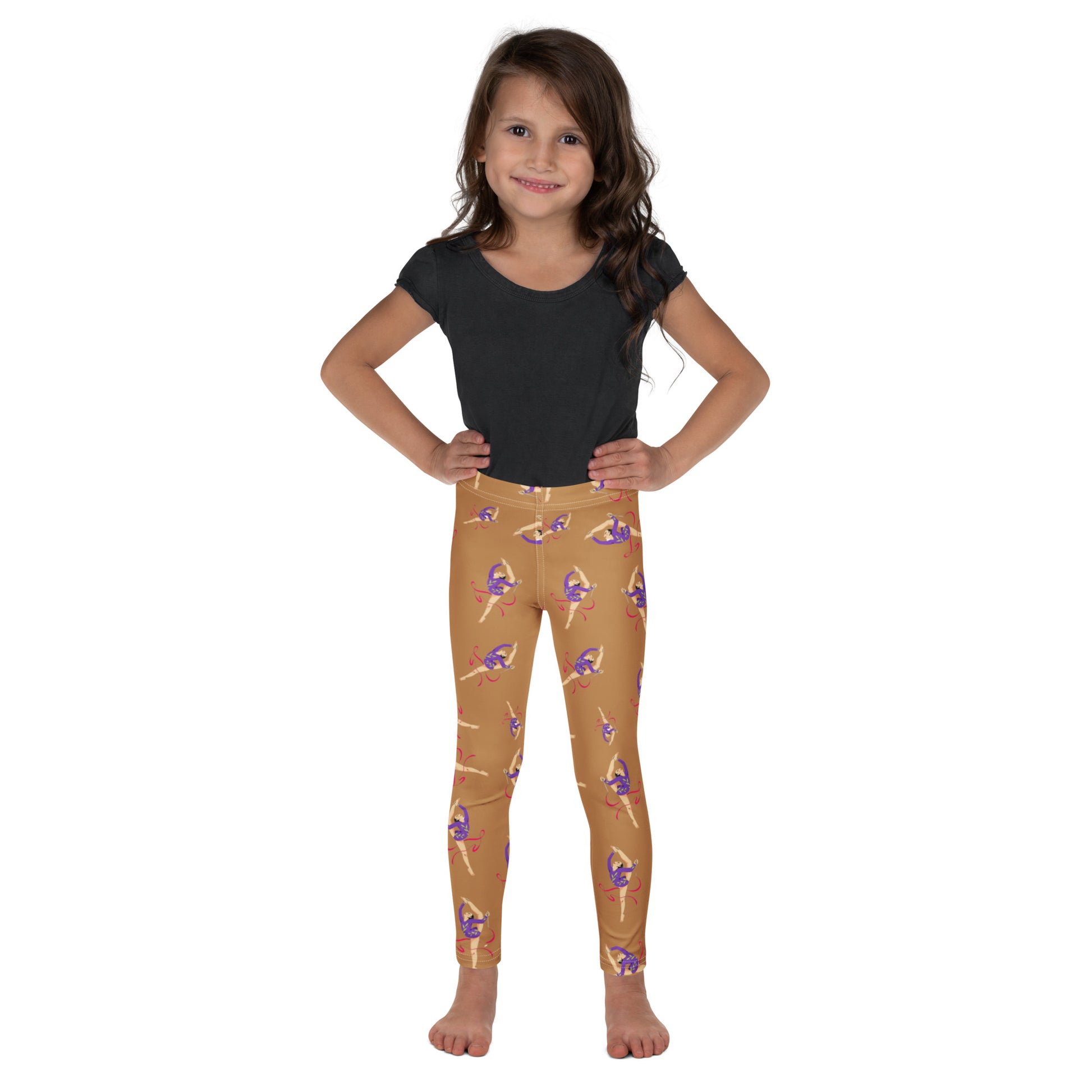 Leggings petite fille – vue de face, tissu doux et extensible - Camel - motif gymnaste danseuse 