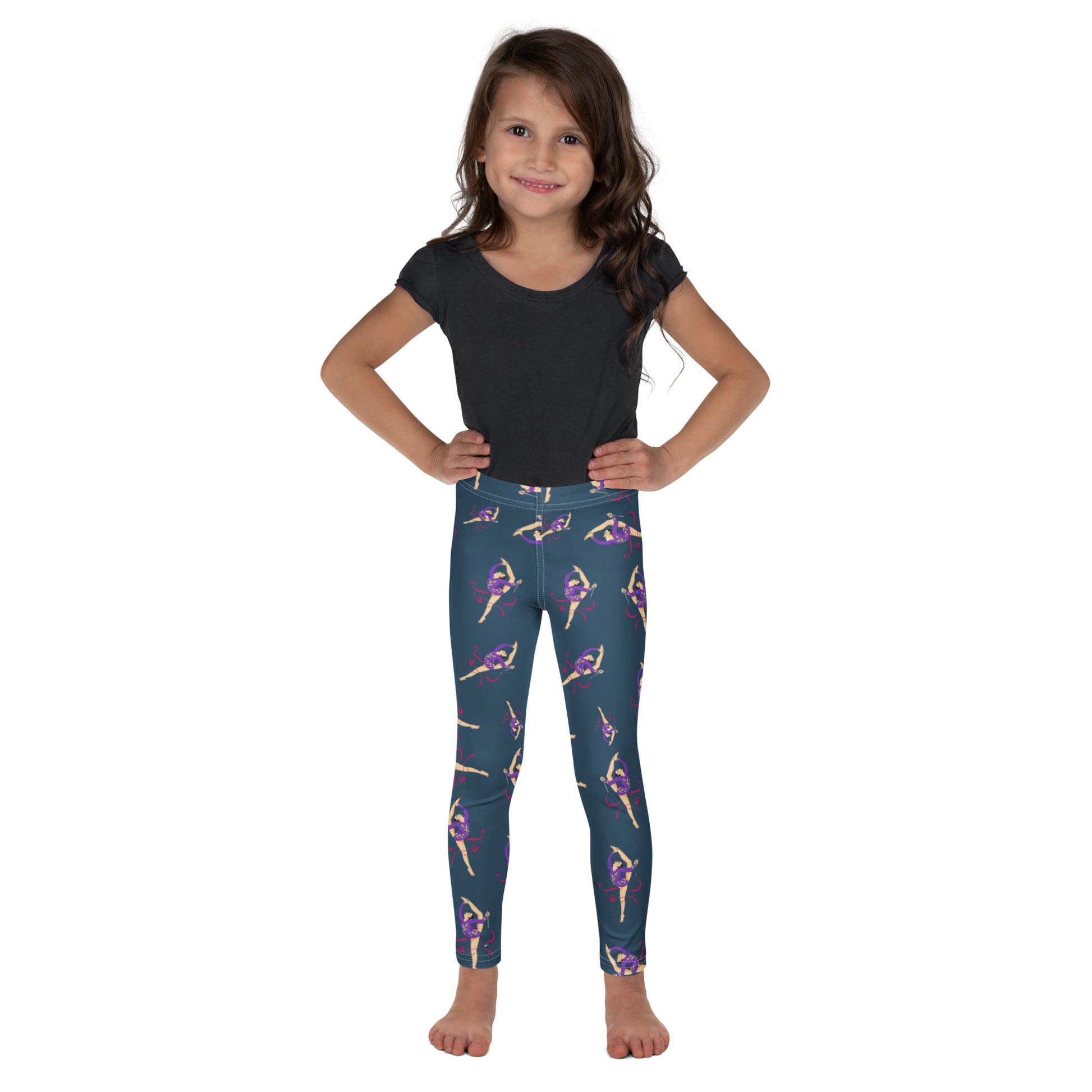 Leggings petite fille – vue de face, tissu doux et extensible  - bleu caapri - motif gymnaste danseuse 