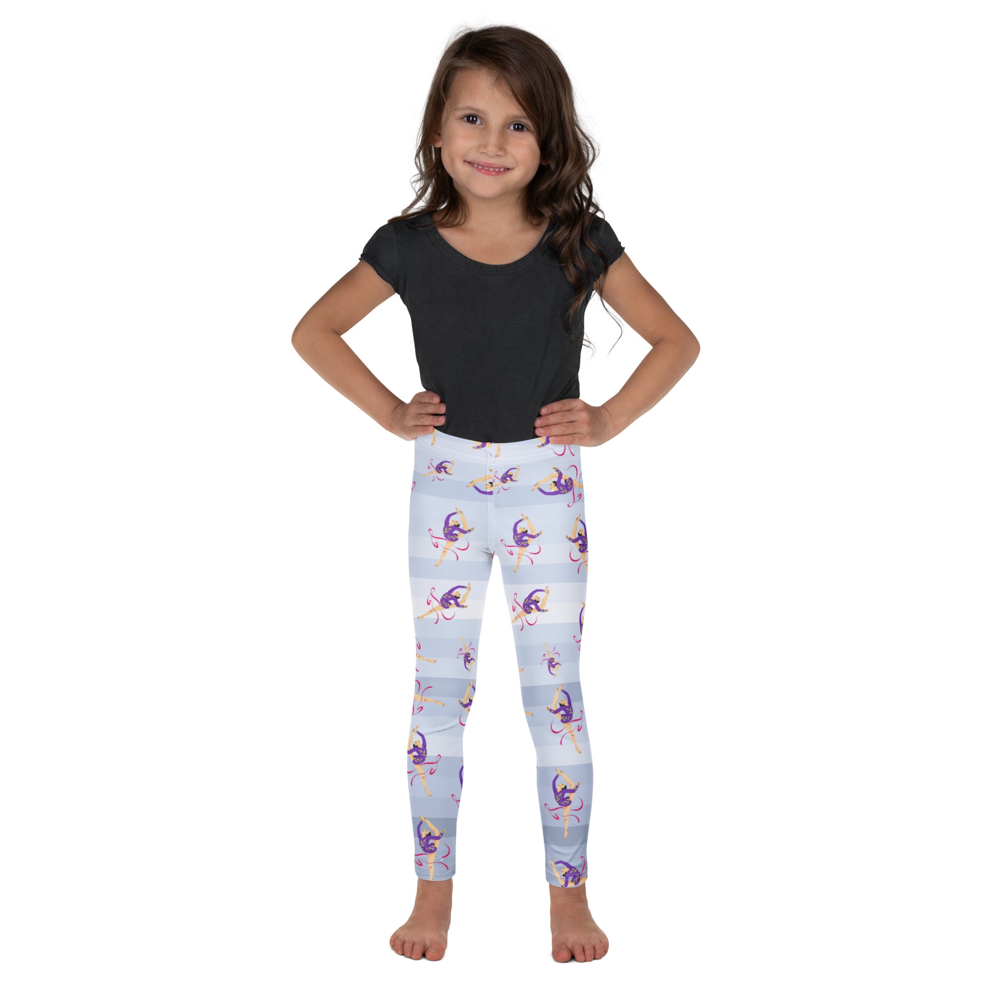 Leggings petite fille – vue de face, tissu doux et extensible - dégradé bleu clair - motif gymnaste danseuse 