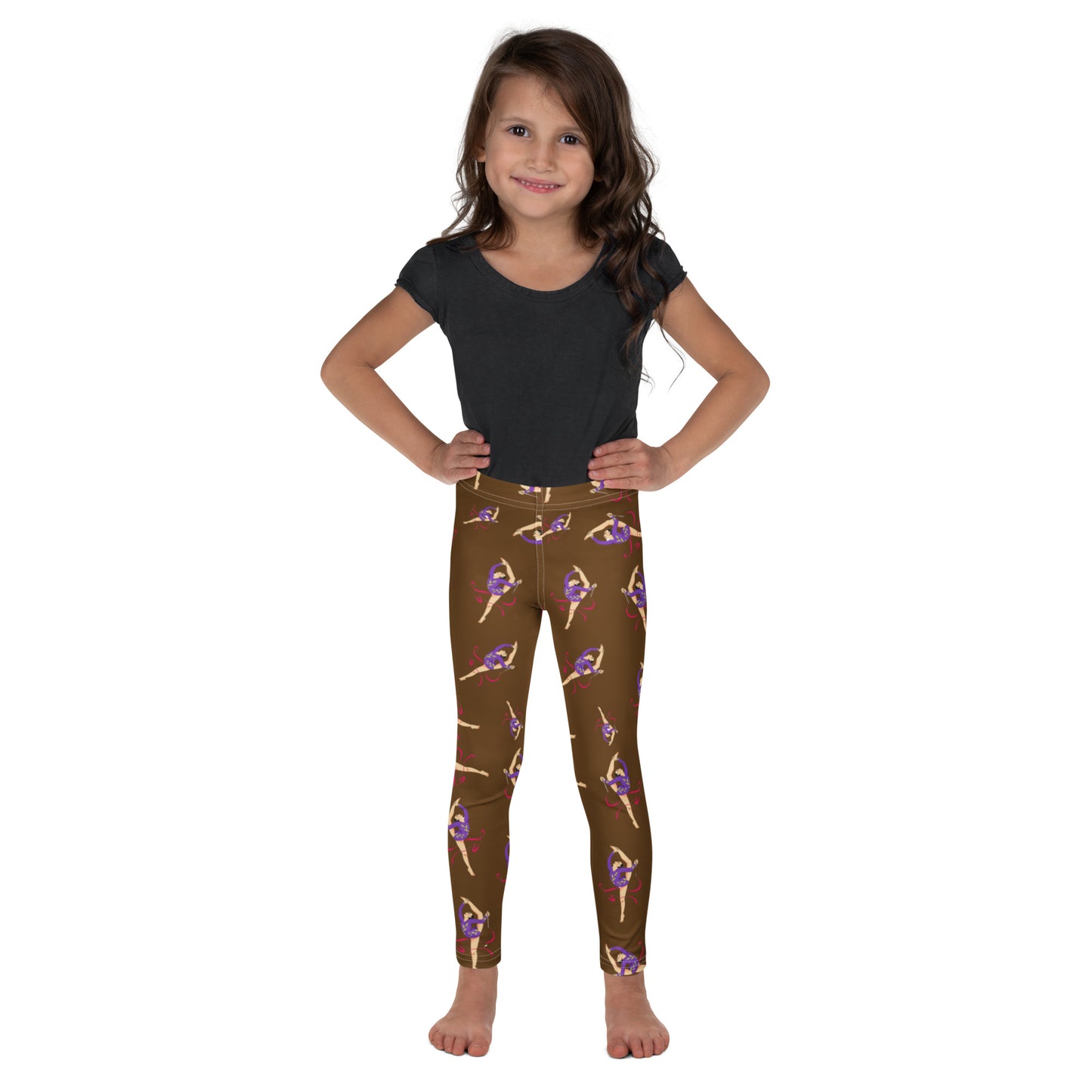 Leggings petite fille – vue de face, tissu doux et extensible - marron - motif gymnaste danseuse 